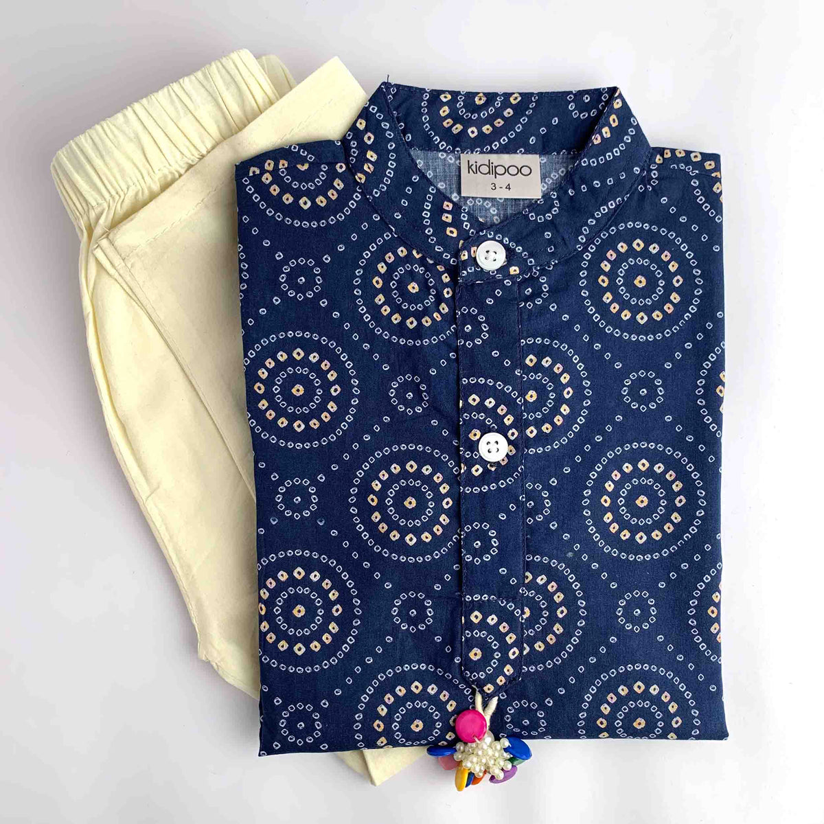 Blue Badhni printed kurta pajama set for kids with cream pajama