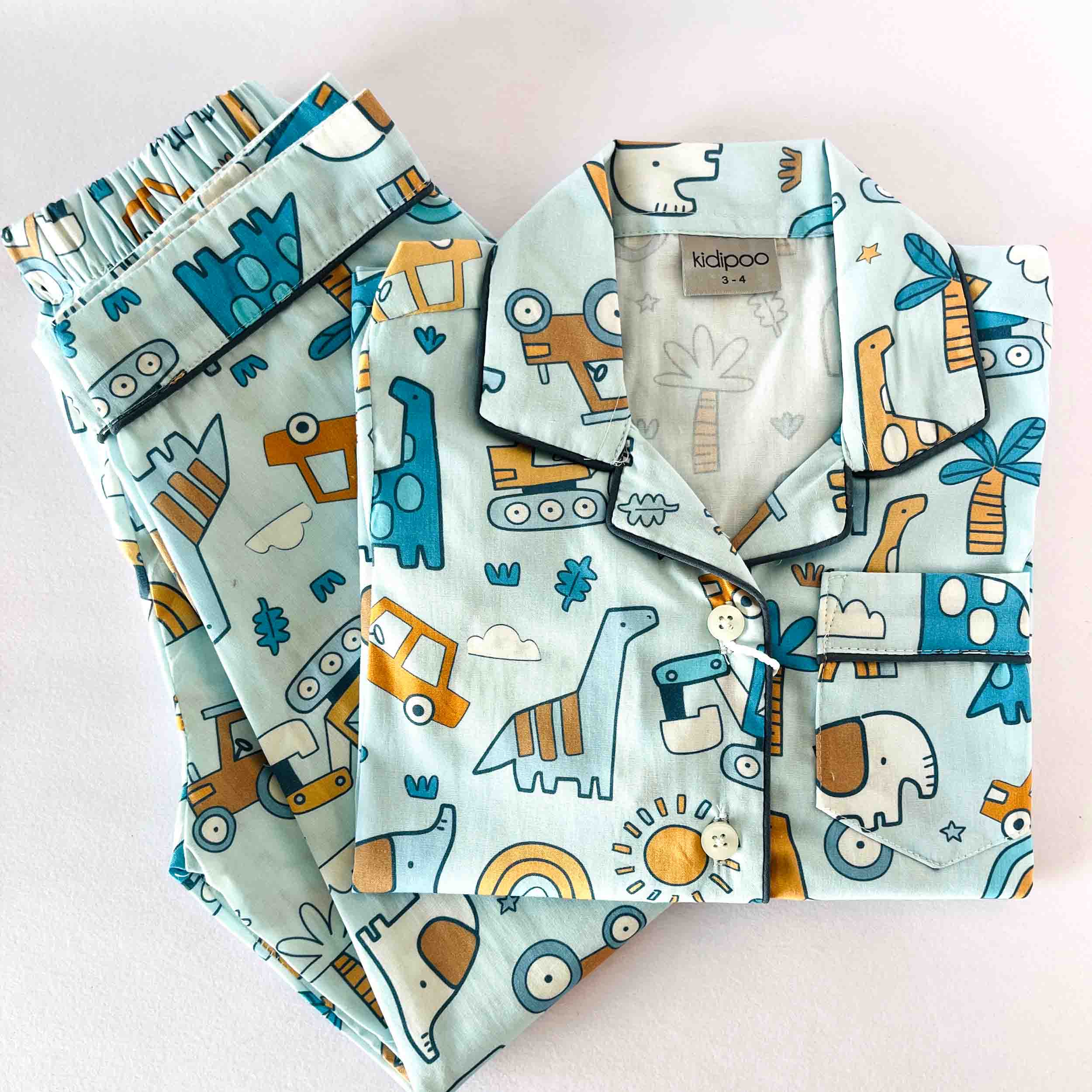 Blue Doodle Dino Print Kids Long Sleeve Night Suit Soft Cotton Fun Sleepwear Set