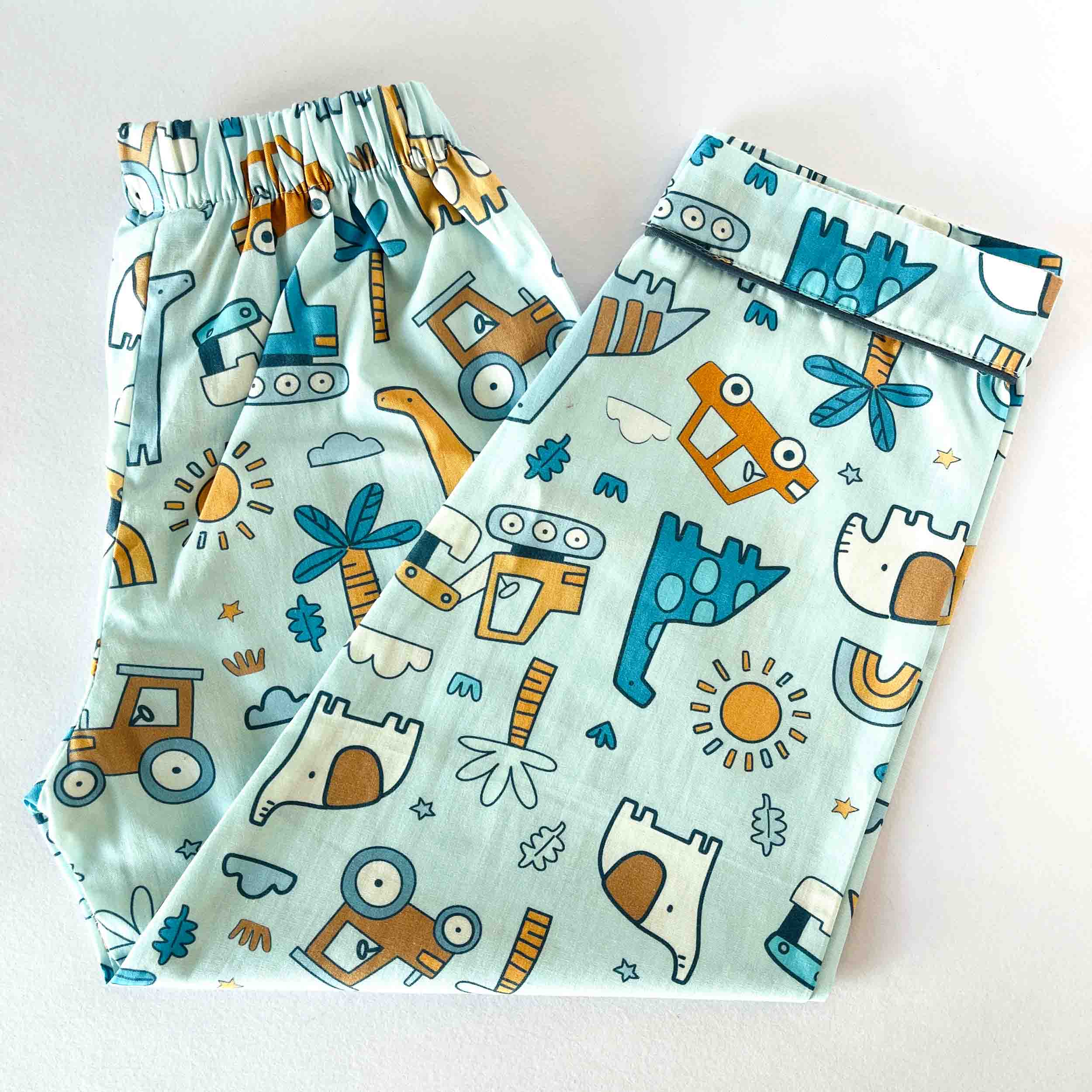 Kids blue doodle dino print pajama elastic waist cotton nightwear bottom long sleeve sleepwear set