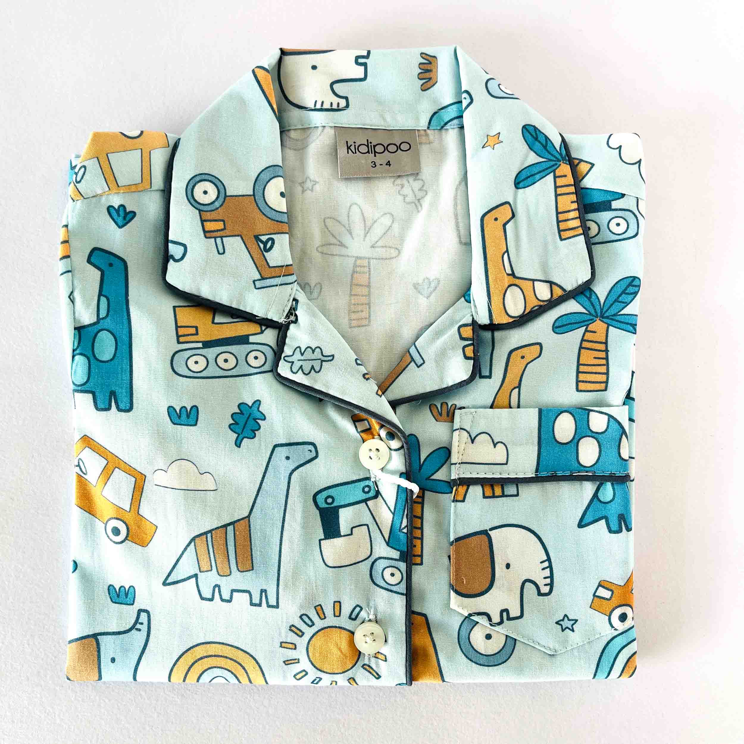 Playful Blue Dino Doodle Kids Long Sleeve Night Suit Soft Cotton Sleepwear Set