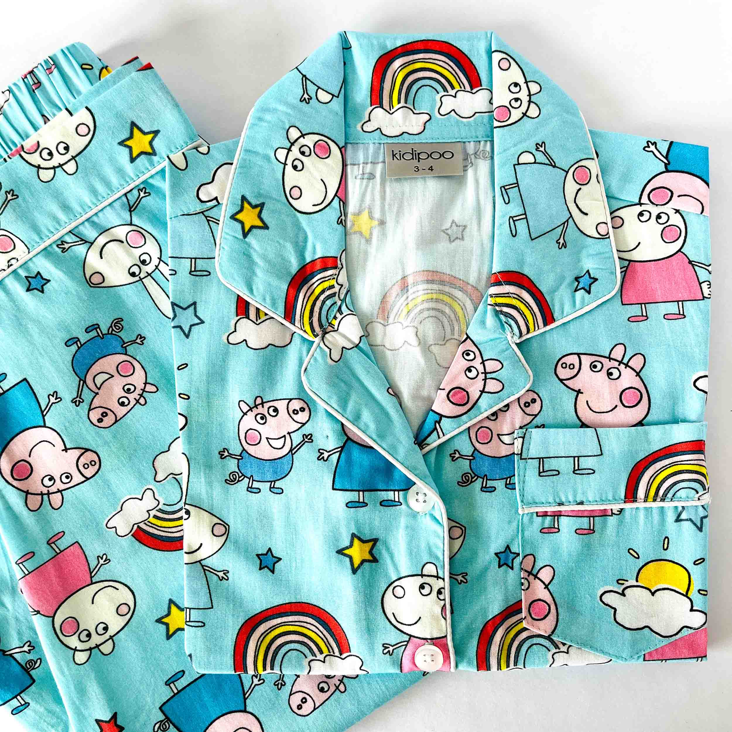 Kids blue cotton night suit set with Peppa pig and rainbow print soft breathable sleepwear outfit for boys and girls