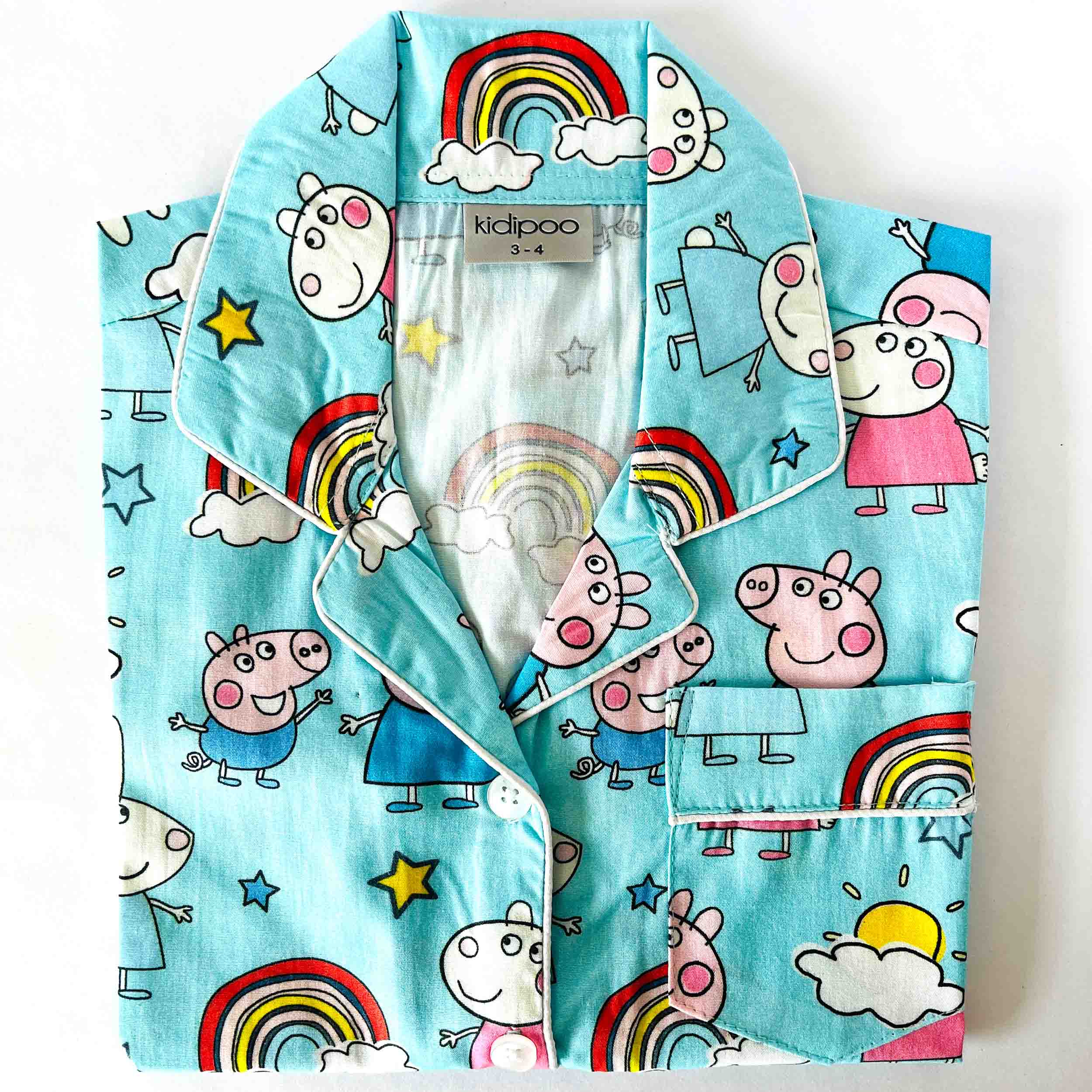 Kids blue cotton night suit shirt with cartoon Peppa pig and rainbow print