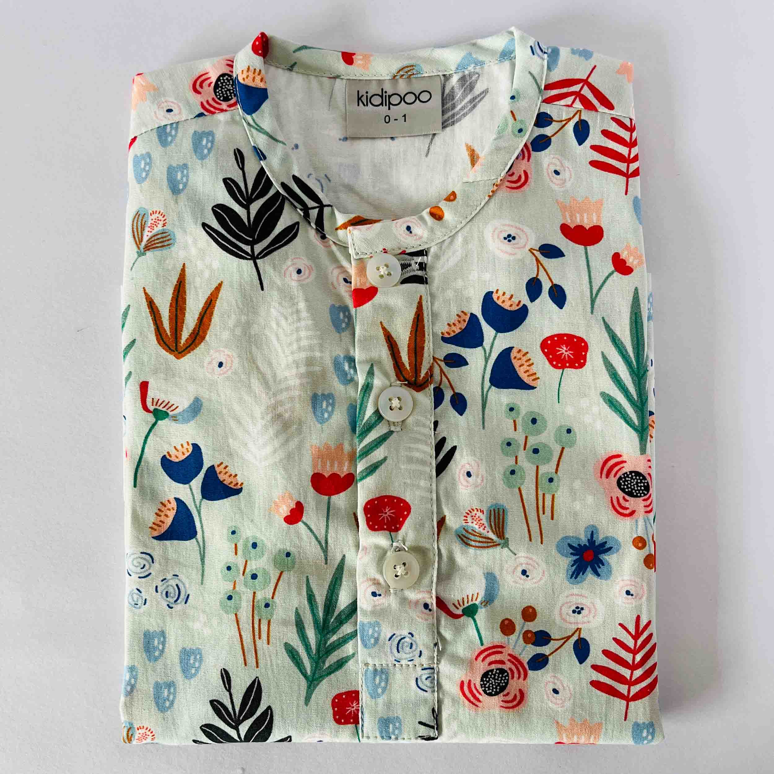 Kids blue cotton floral kurta shirt long sleeve soft breathable comfortable ethnic wear top for boys and girls