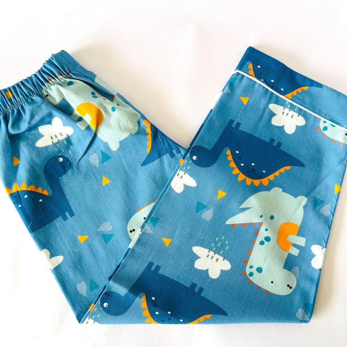 Blue cotton kids pajama pants with dinosaur print elastic waistband soft breathable nightwear bottom for boys and girls