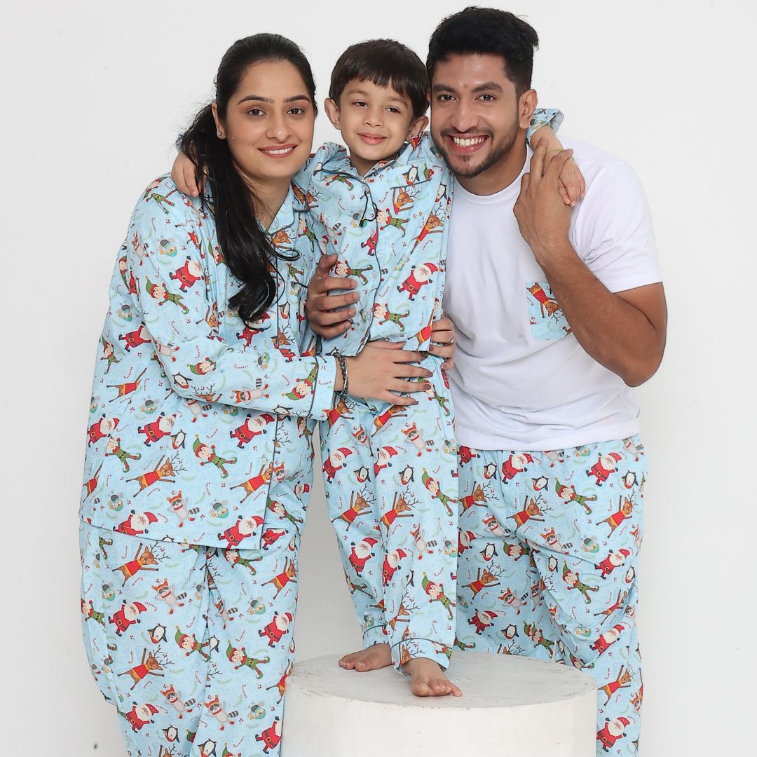 Family wearing blue Santa print cotton night suit festive sleepwear set"