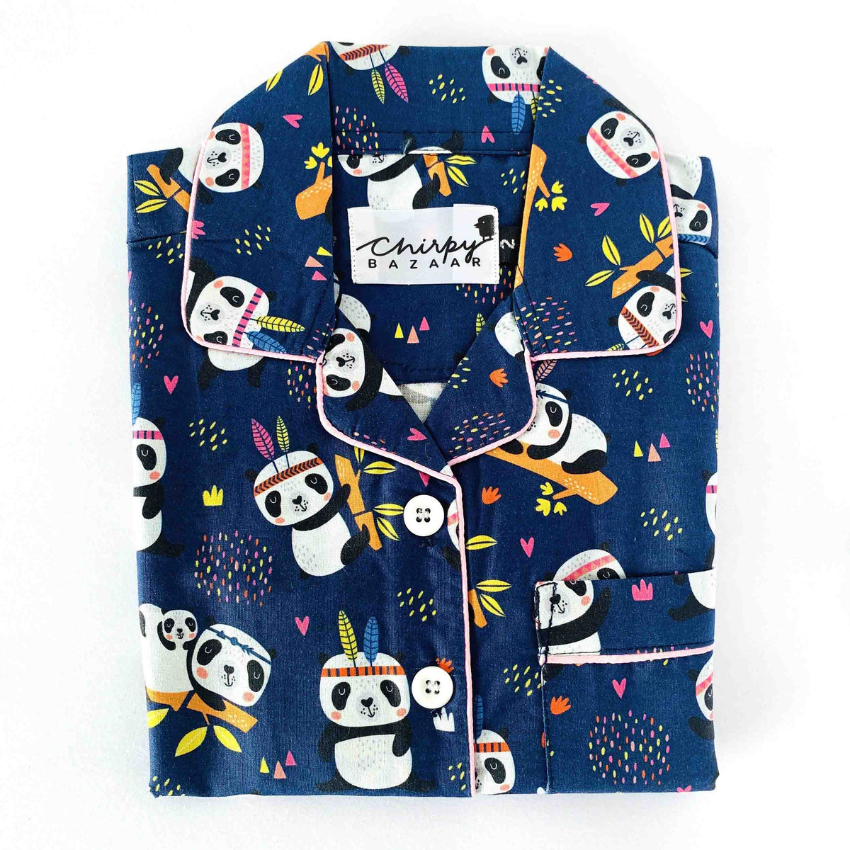 Navy blue pajama set with panda design on a white background, featuring the brand 'Chirpy Bazaar'.