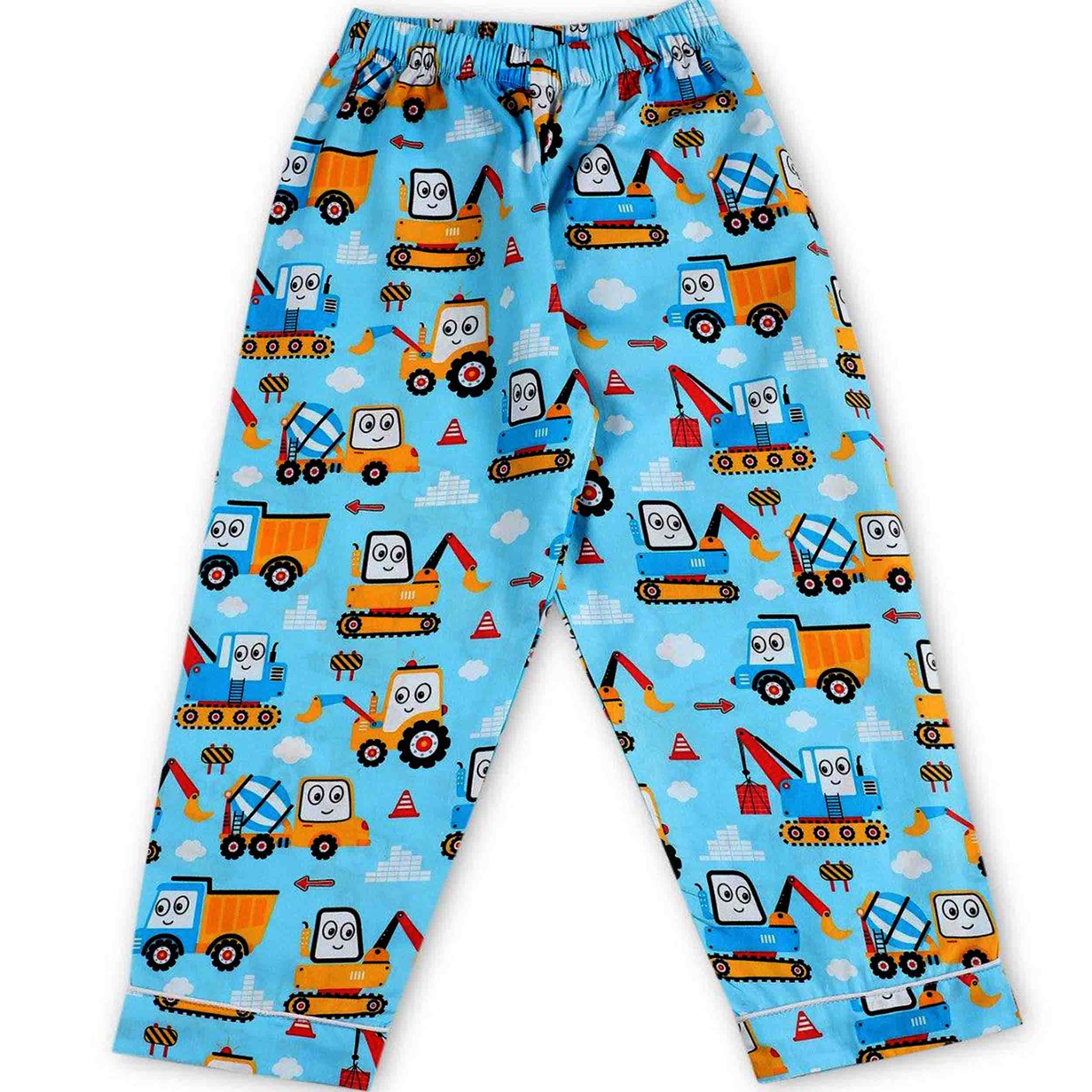 Children's pajama pants with cartoon construction vehicle pattern on a blue background