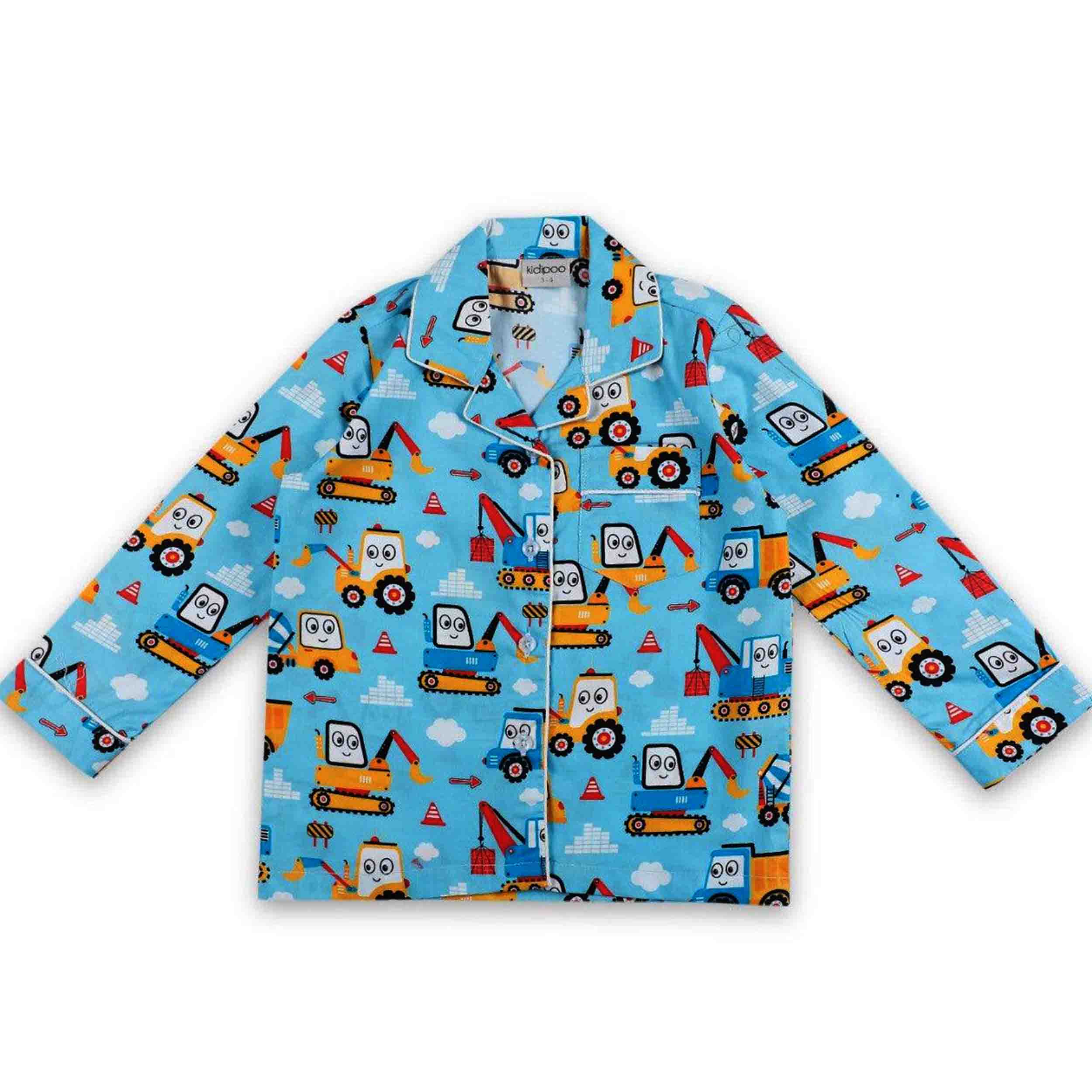 Children's shirt with construction vehicle pattern on a blue background