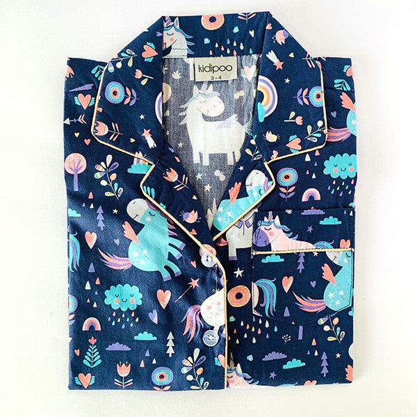 Kids blue unicorn print night suit shirt front view soft cotton sleepwear top