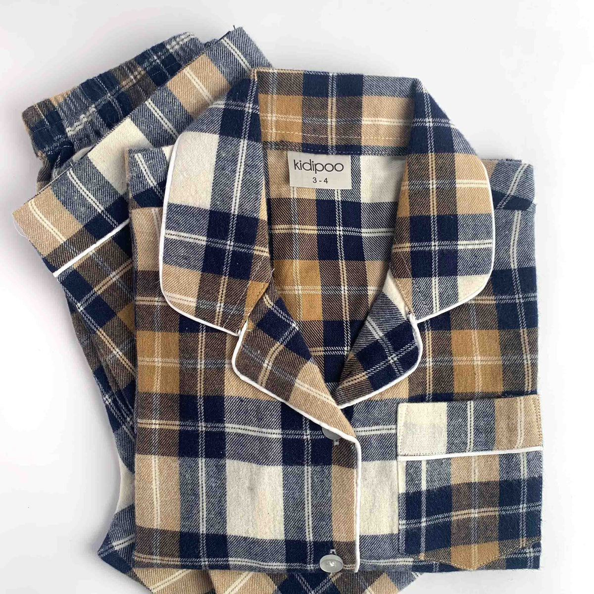 Blue and Beige Checked Flannel Night Suit for Kids