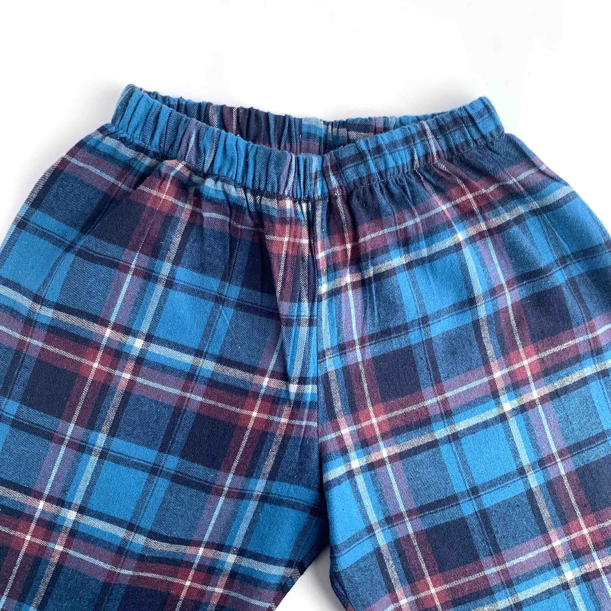 Blue plaid lounge pants with an elastic waistband, featuring a pattern of blue, navy, burgundy, and white intersecting lines.