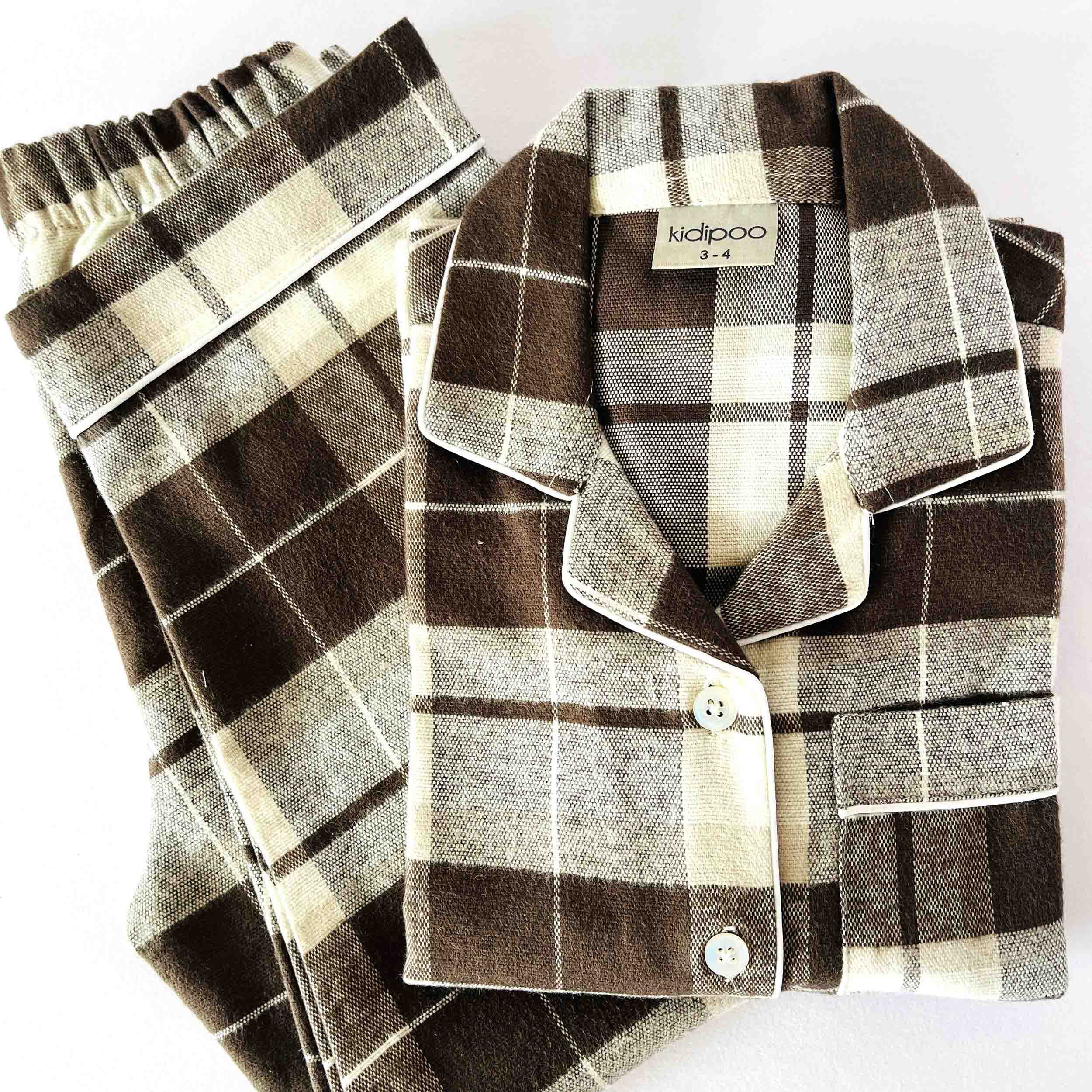 Brown checkered flannel kids night suit soft cotton sleepwear set folded view
