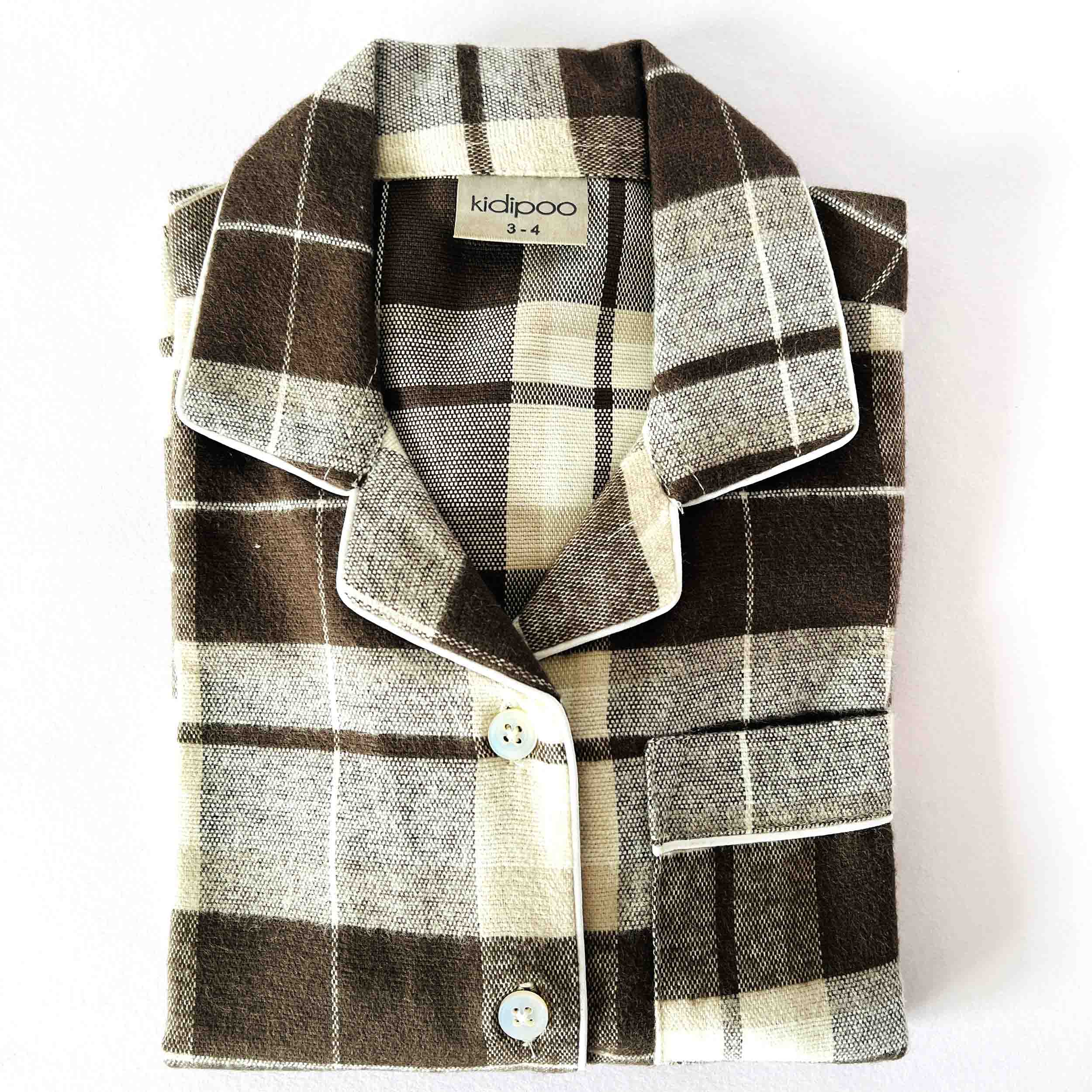 Kids brown checkered flannel night suit shirt front view soft cotton sleepwear top