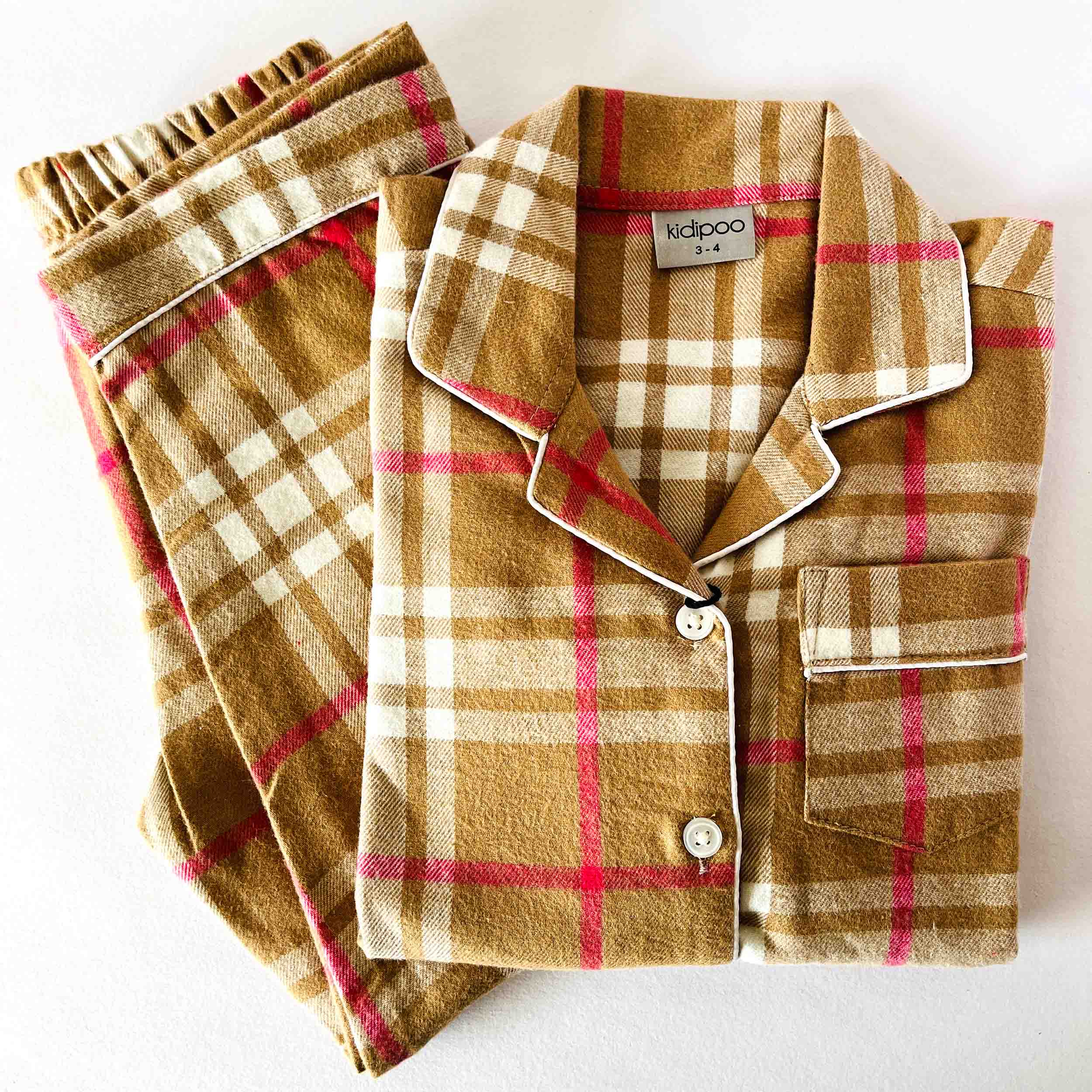 Caramel brown checkered flannel kids night suit soft cotton sleepwear set folded view