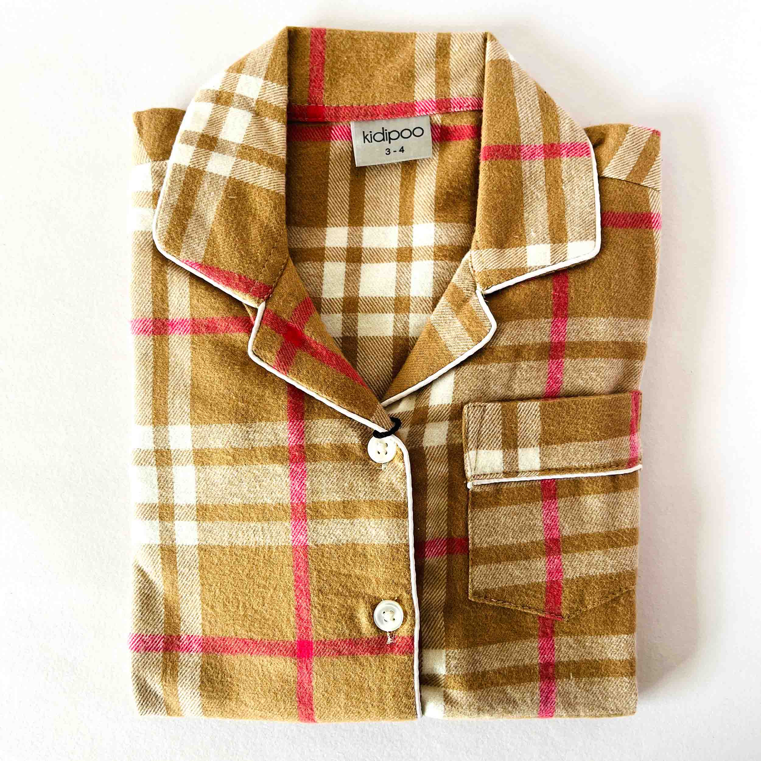 Kids caramel brown checkered flannel night suit shirt front view soft cotton sleepwear top