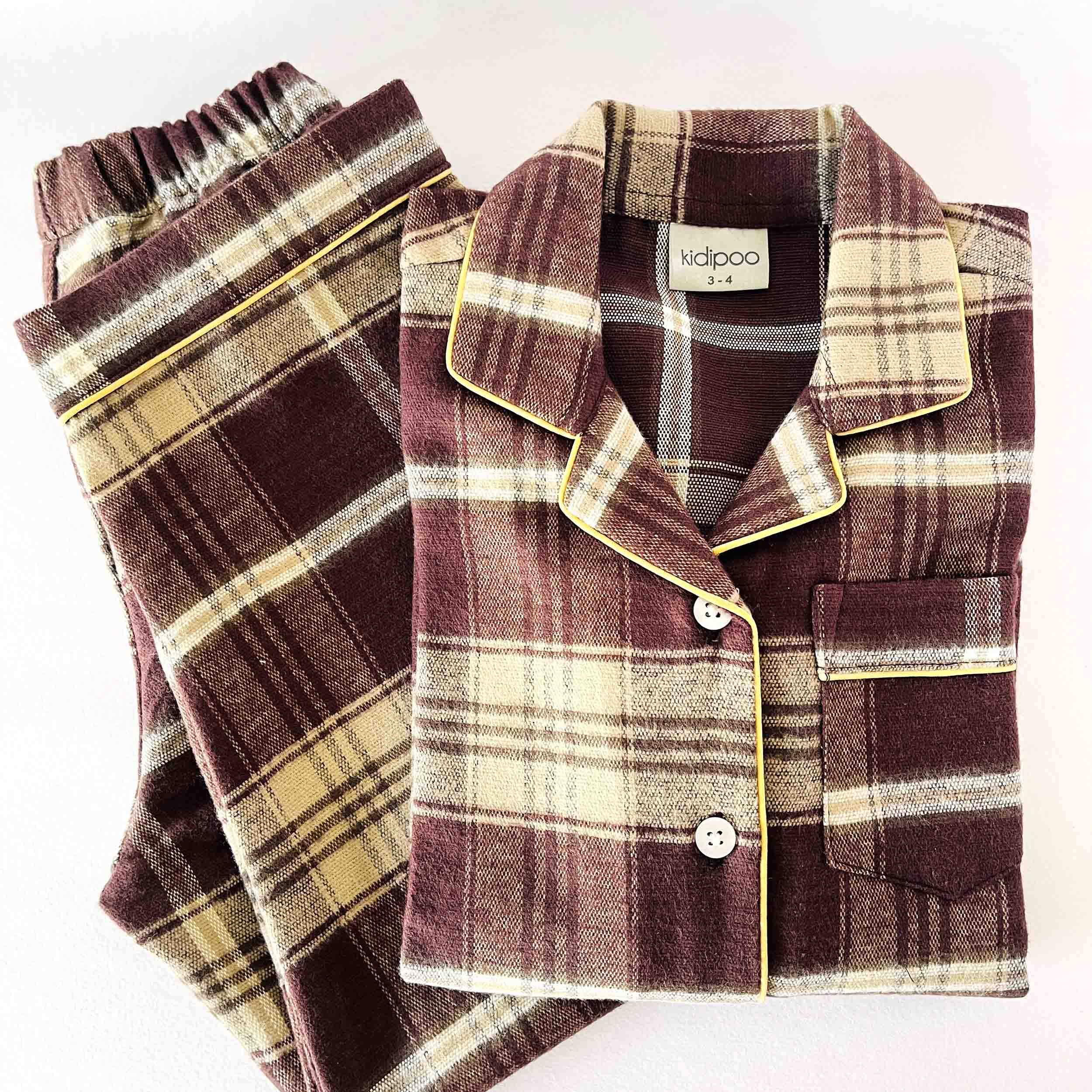 Kidipoo kids brown checks flannel night suit set with front button shirt and pajama soft warm sleepwear