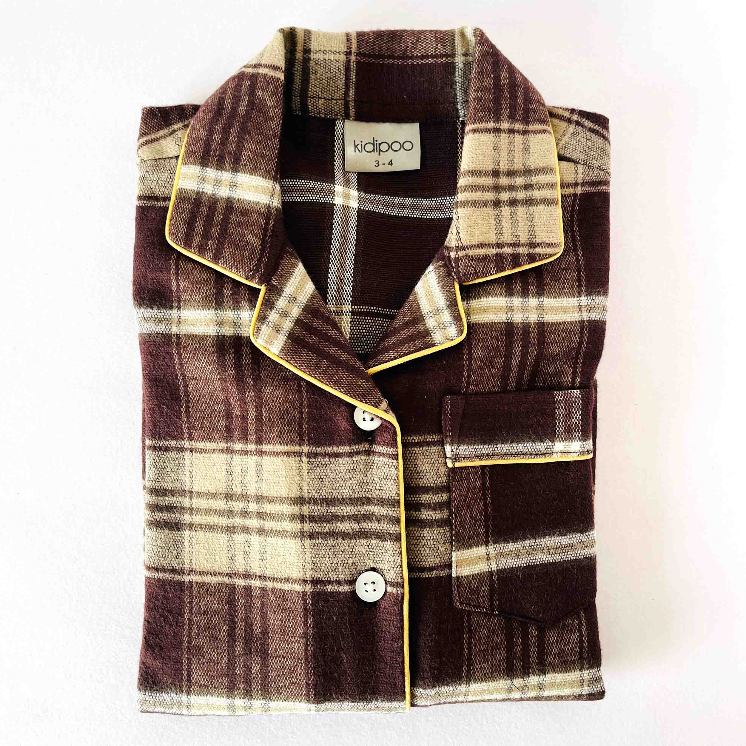 Kidipoo kids brown checkered flannel night suit shirt front button warm sleepwear top