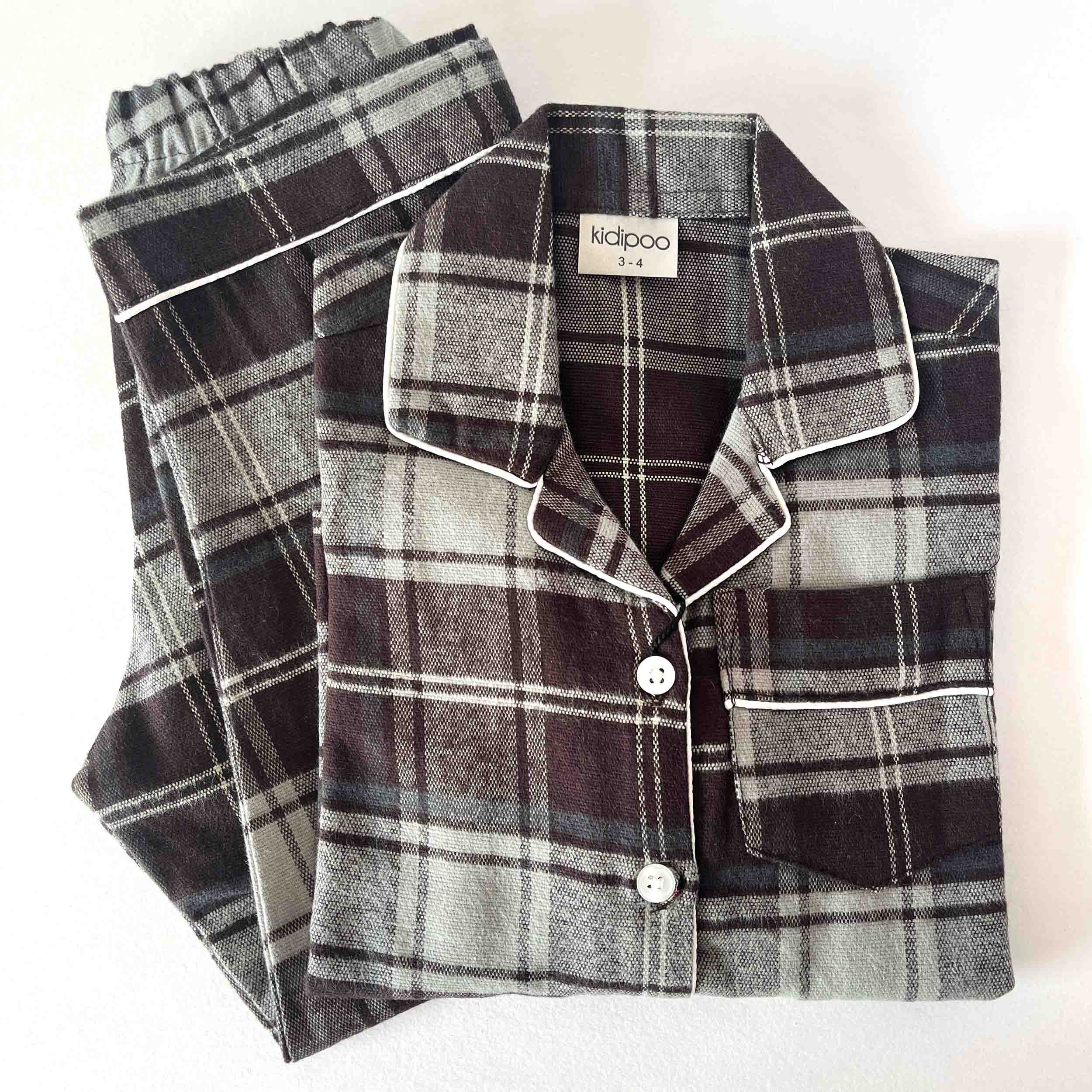 brown grey check flannel night suit cotton long sleeve shirt and pajama set
