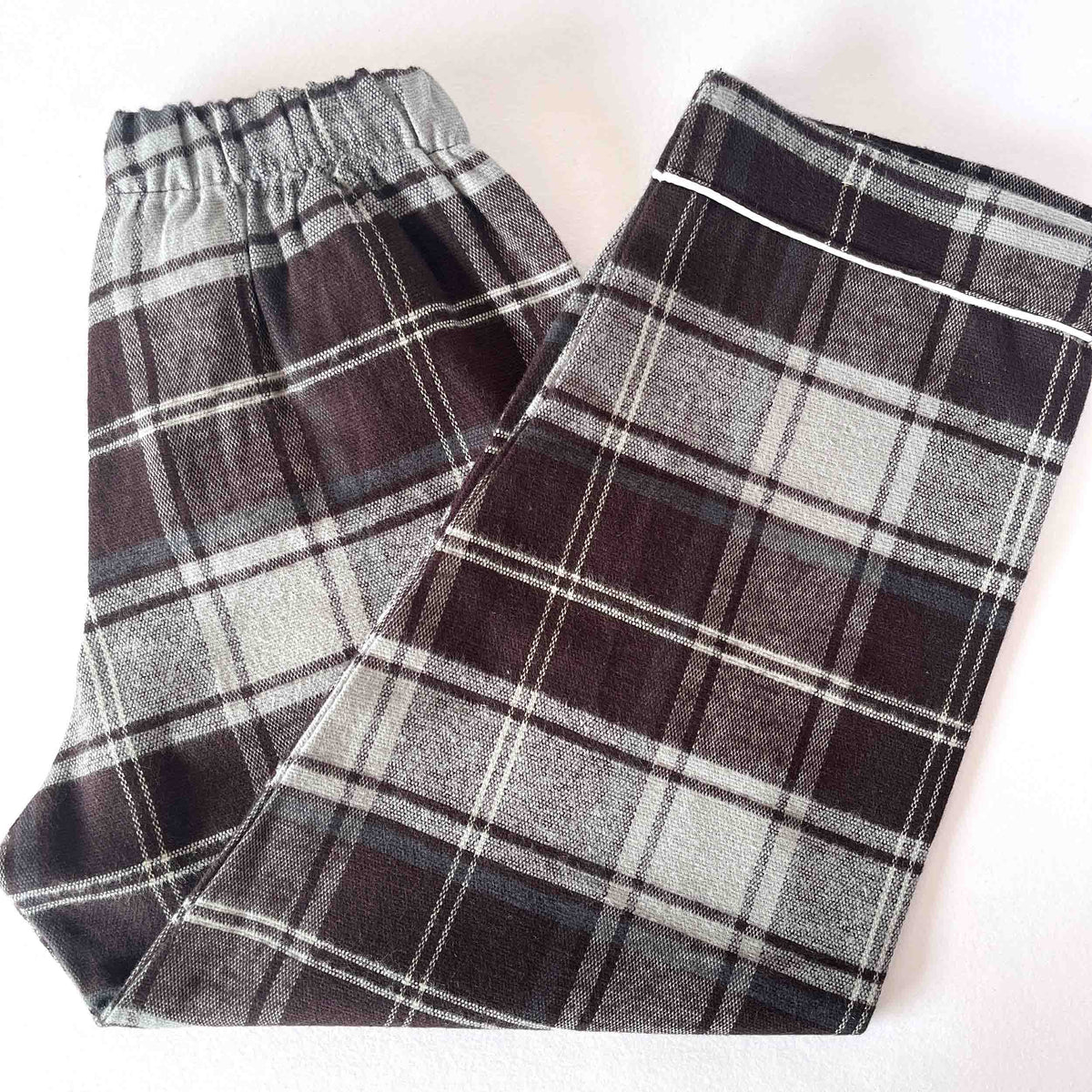 brown grey check flannel pajama elastic waist cotton sleepwear