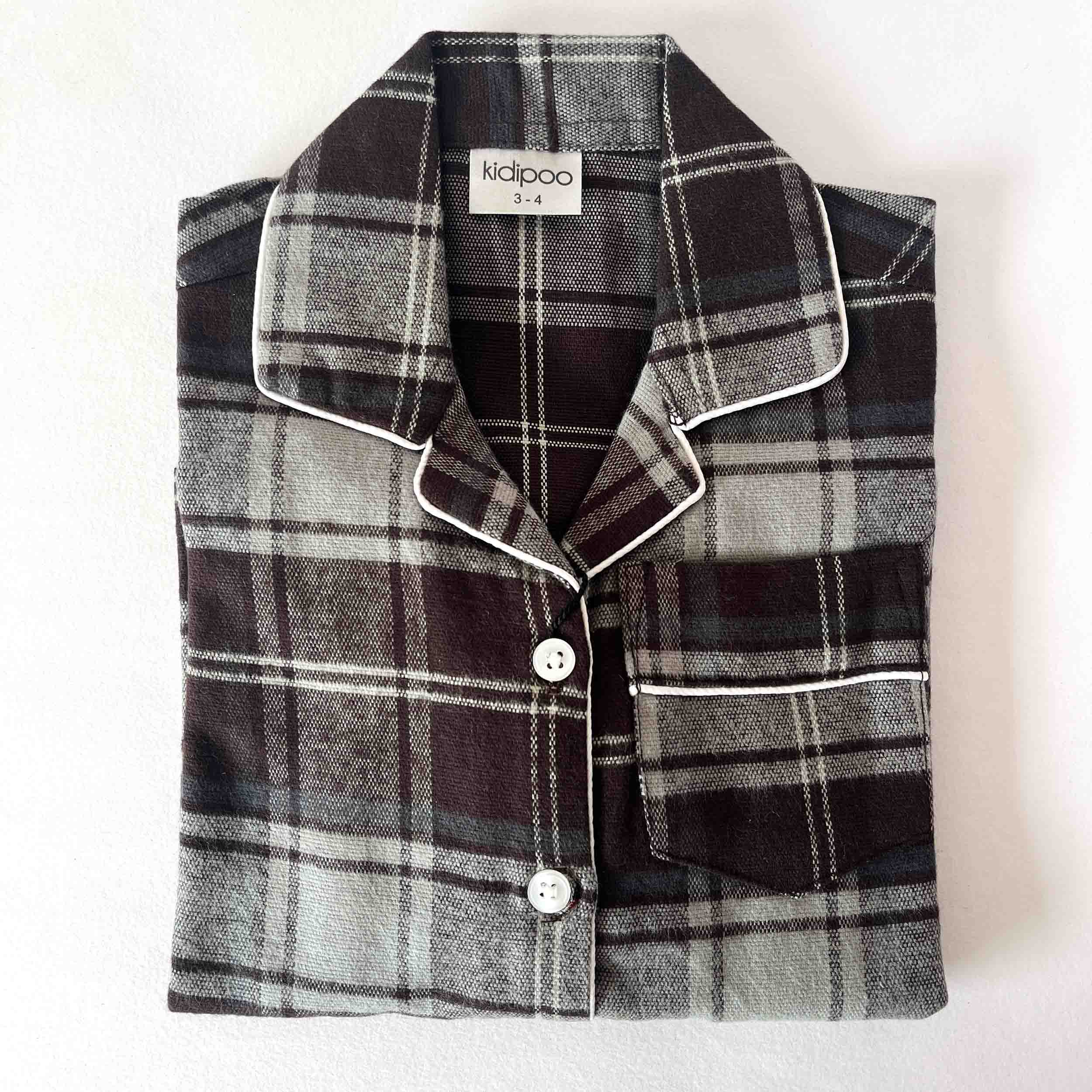 brown grey check flannel shirt long sleeve front button nightwear top