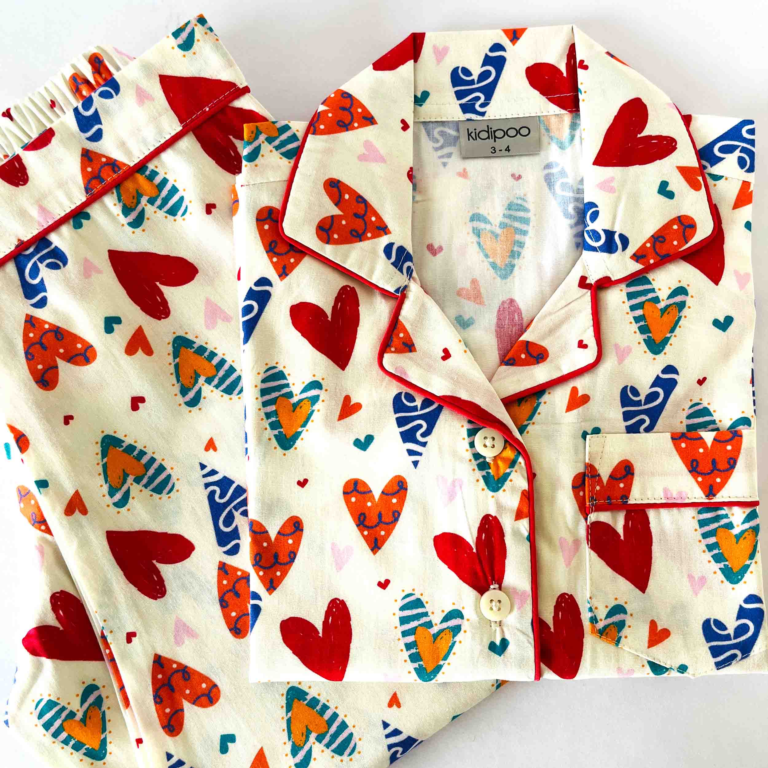 Kids white cotton night suit set with colorful hearts print soft breathable comfortable sleepwear outfit