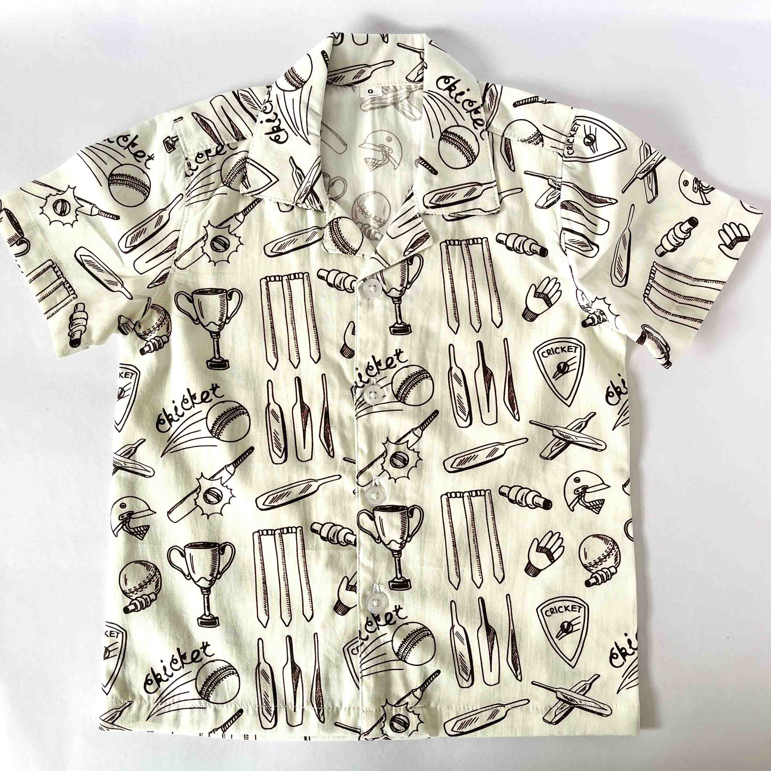 Kids cotton shirt with cricket bat ball print half sleeve front view