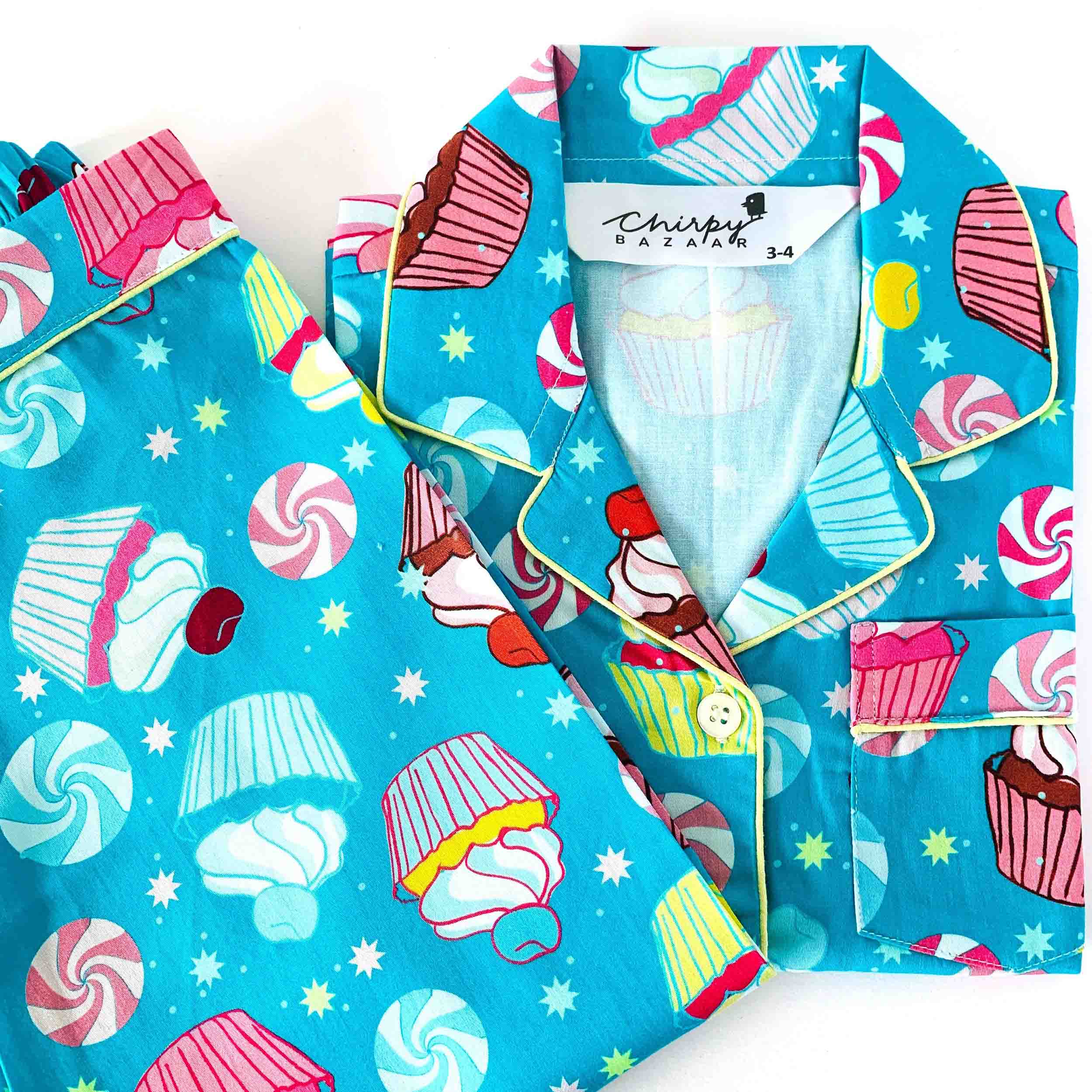 Kids blue cupcake and candy print cotton night suit set with long sleeve shirt and elastic waist pants soft breathable sleepwear for boys and girls