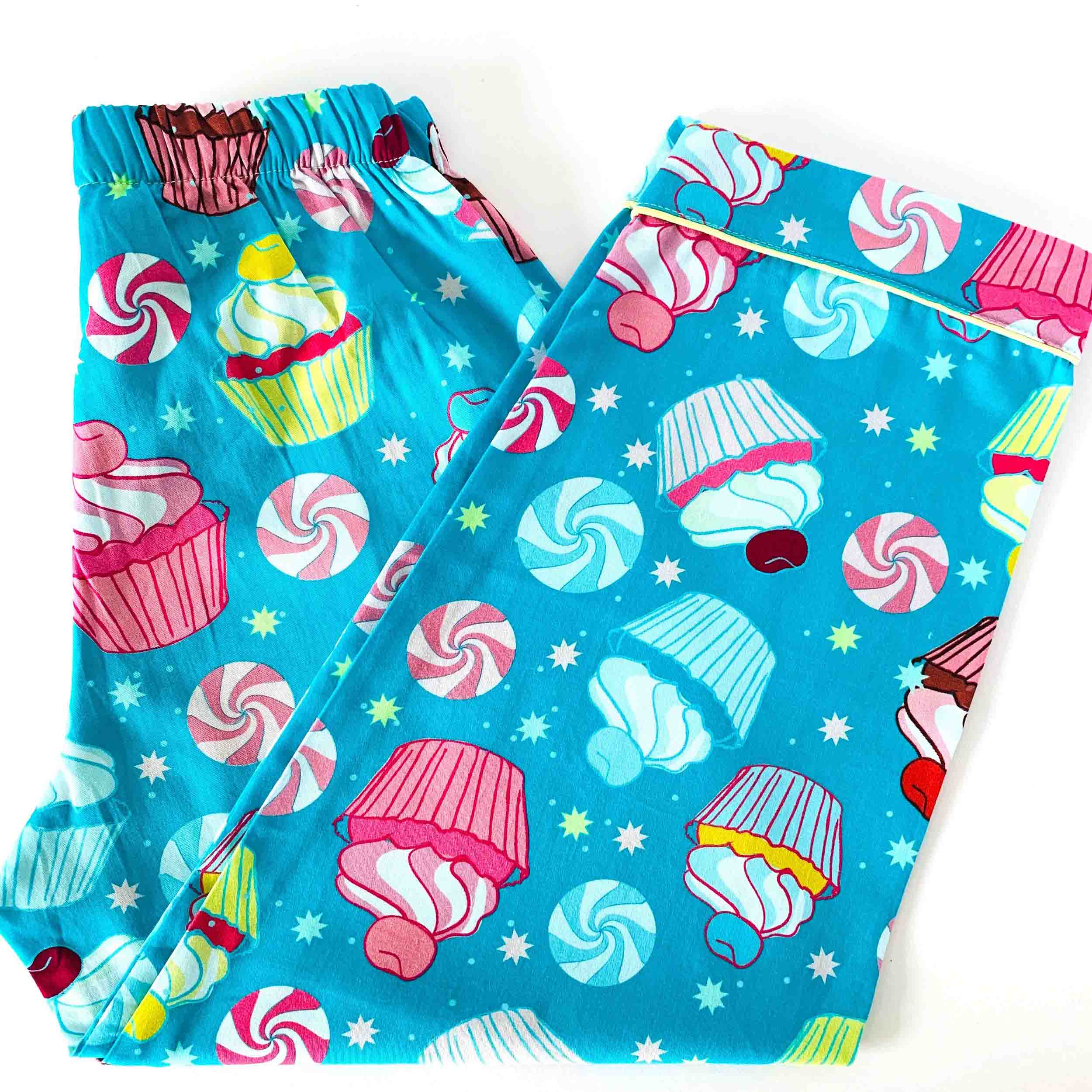 Kids blue cupcake and candy print cotton pajama pants with elastic waistband soft breathable sleepwear bottom for boys and girls