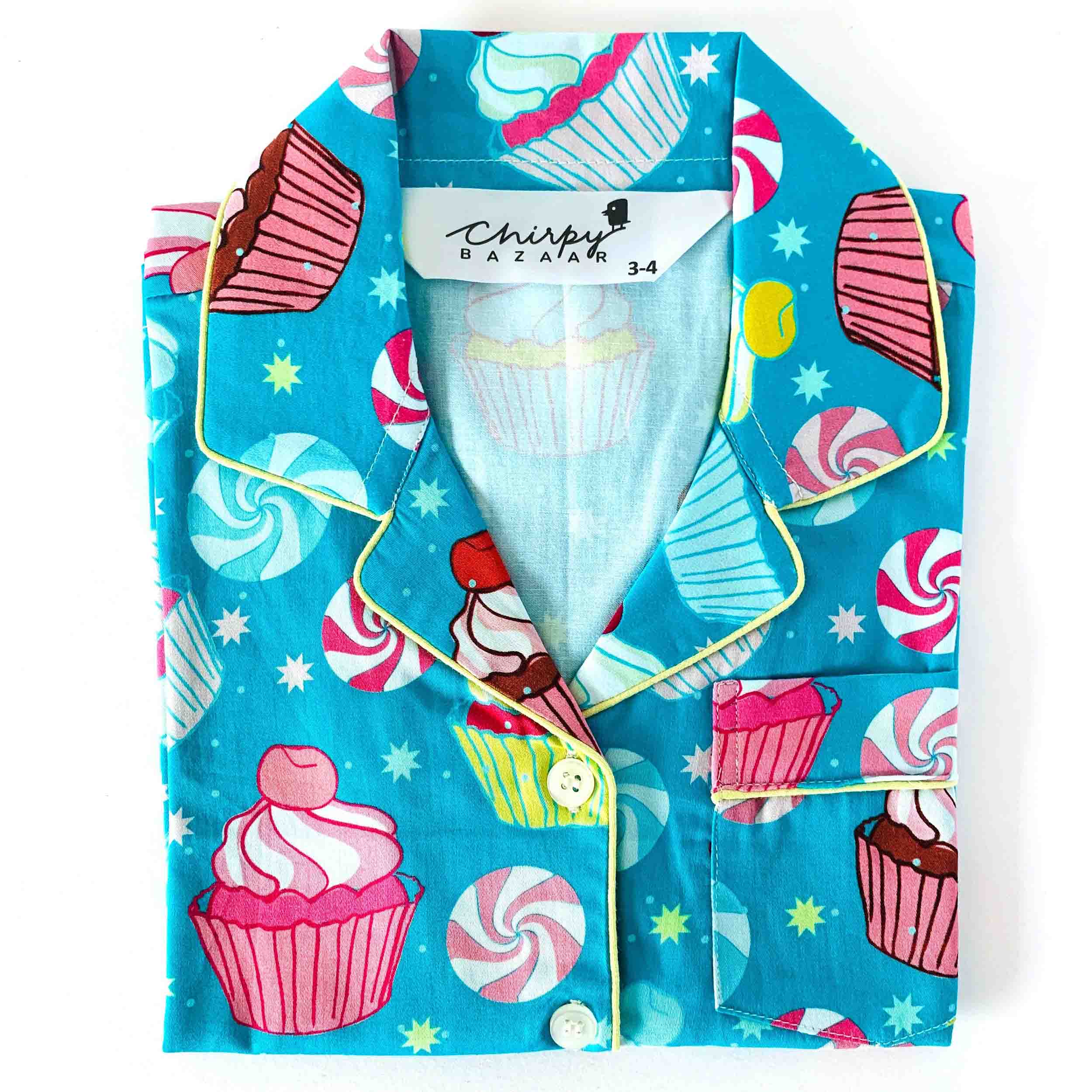 Kids blue cupcake and candy print cotton night suit shirt with long sleeves button-down front and pocket soft breathable sleepwear