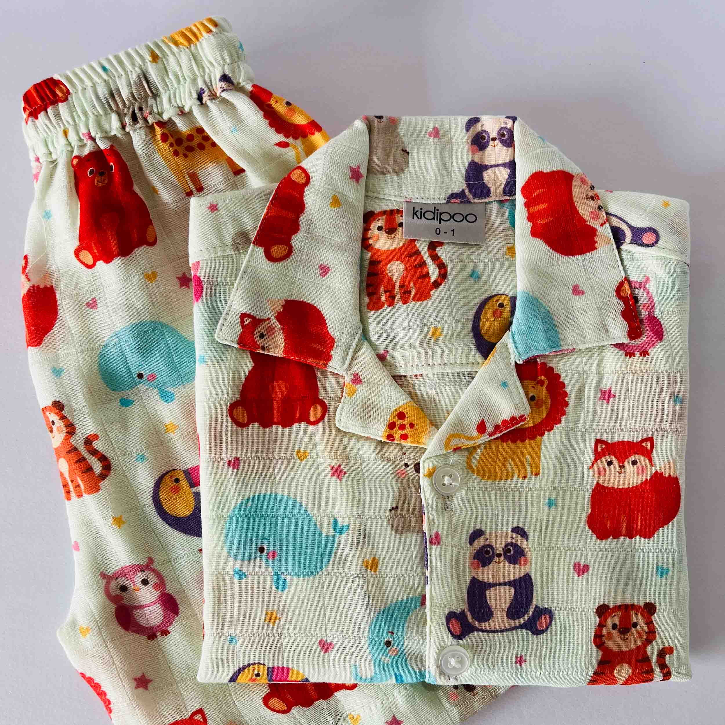 Kids  animal print muslin cotton half sleeve shirt and elastic waist shorts coord set soft breathable summer outfit for boys and girls