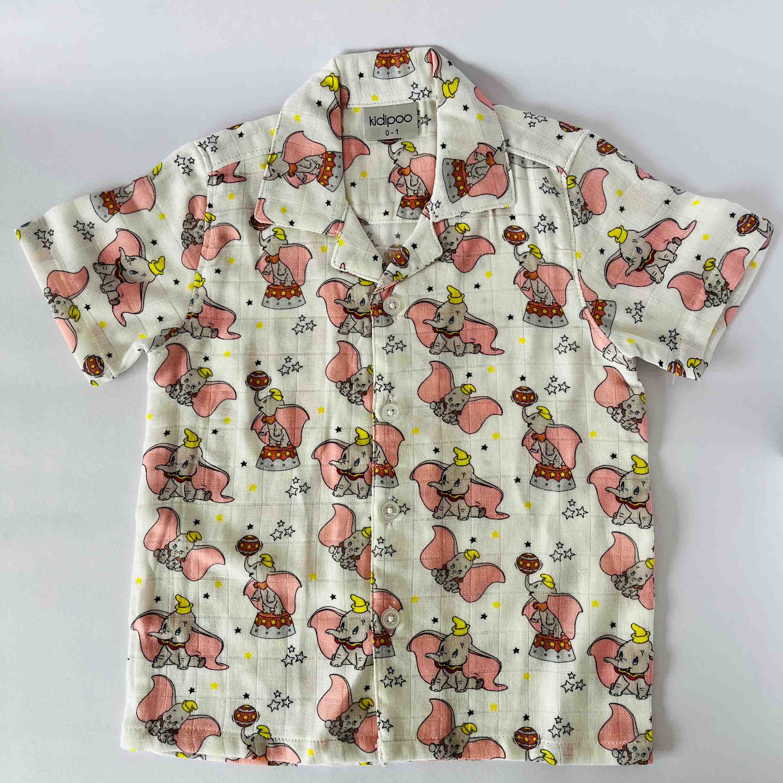 Kids white muslin cotton shirt with cute Elephant print half sleeve front view