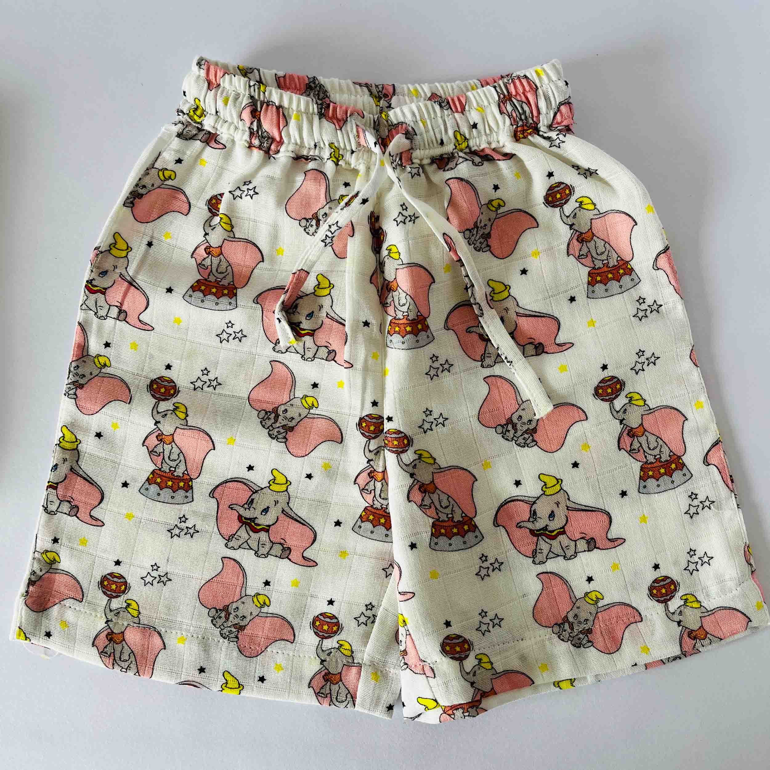 Kids white muslin shorts with cute  elephant print elastic waist summer wear