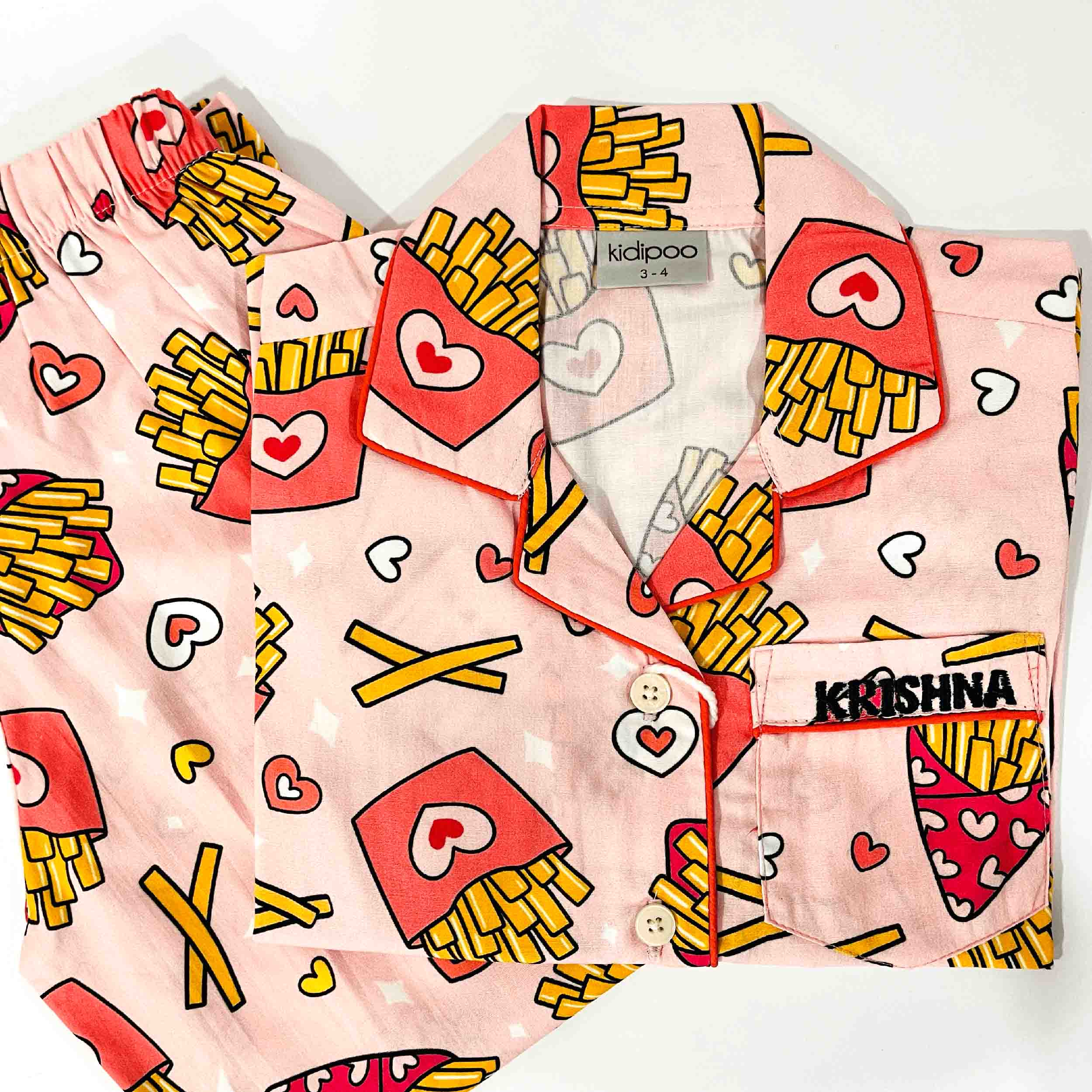 Kids pink french fries print cotton night suit with full sleeve shirt and matching full length pajama soft breathable sleepwear set for boys and girls