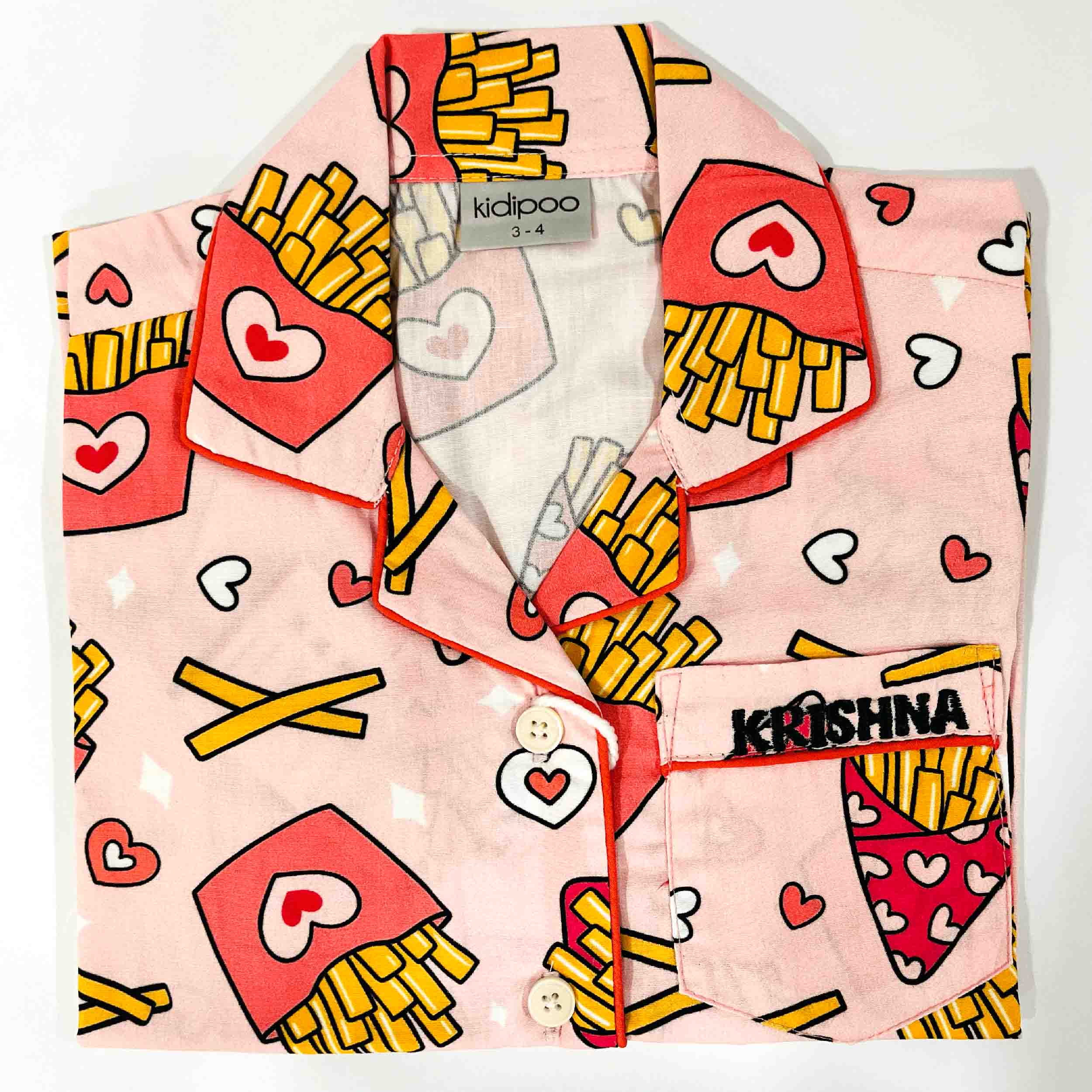 Kids pink french fries print cotton full sleeve shirt soft breathable nightwear top for boys and girls