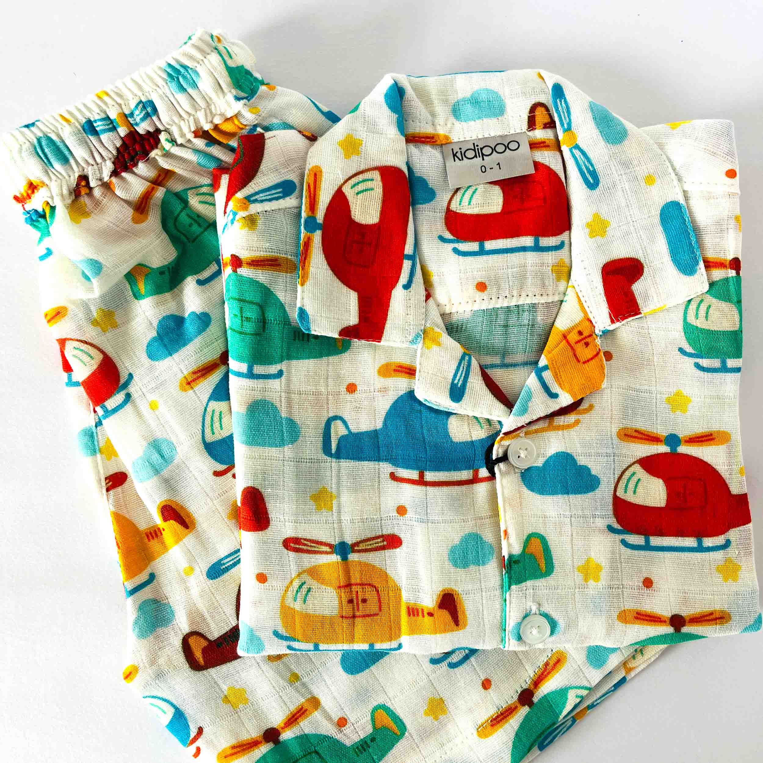 Kids white muslin coord set with helicopter print shirt and shorts summer outfit
