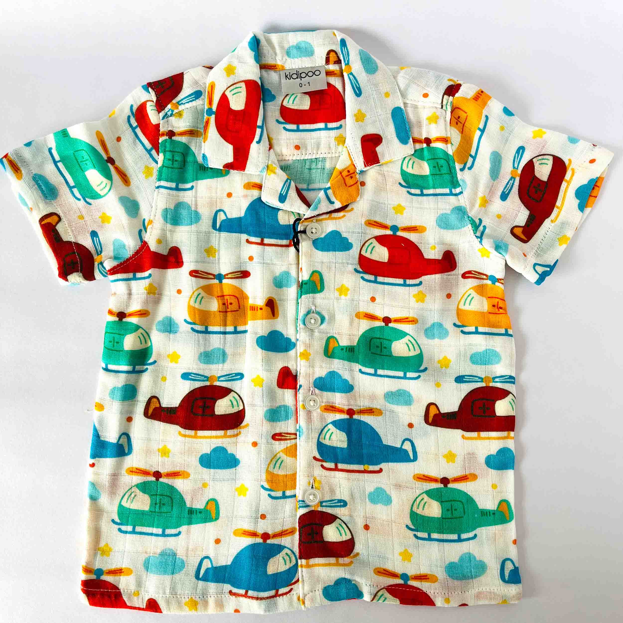 Kids muslin cotton outfit with multicolor helicopter and cloud print, soft breathable fabric