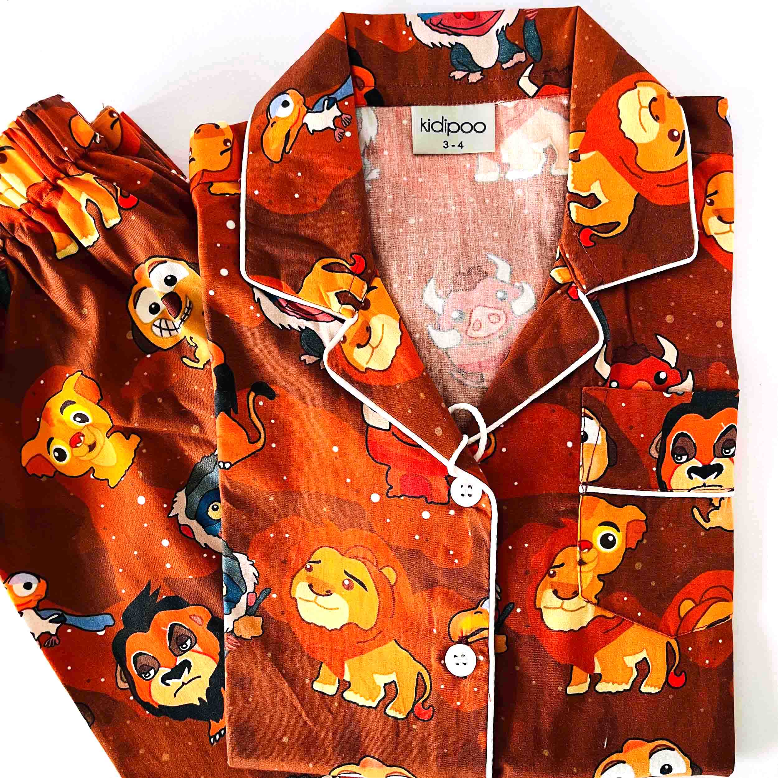 Kidipoo kids jungle animal lion print cotton night suit set with shirt and pajama soft comfortable sleepwear