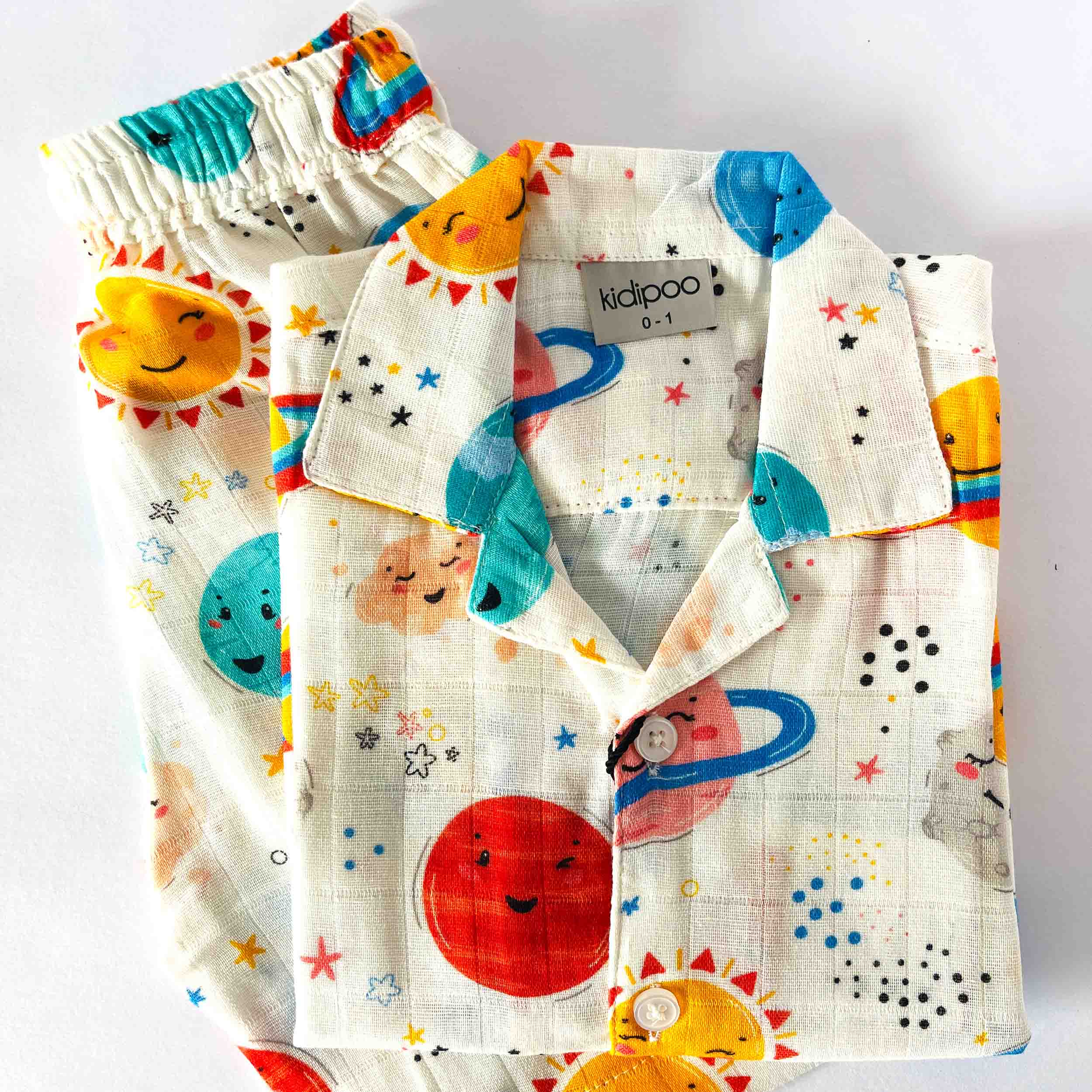 Kids muslin cotton coord set with colorful planets and space print, front button shirt and elastic waist shorts