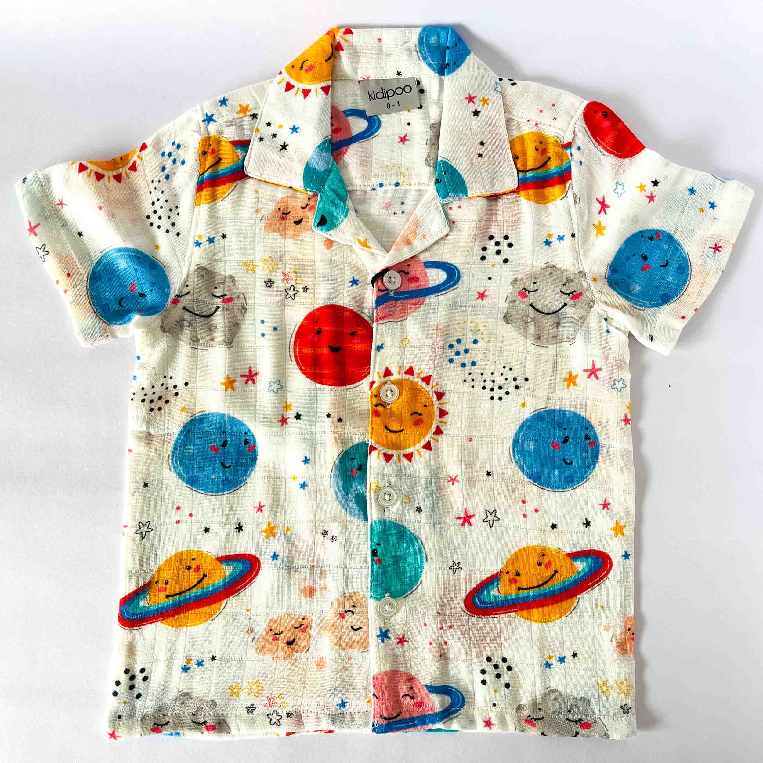 Kids muslin cotton outfit with multicolor planets and stars print, soft breathable fabric