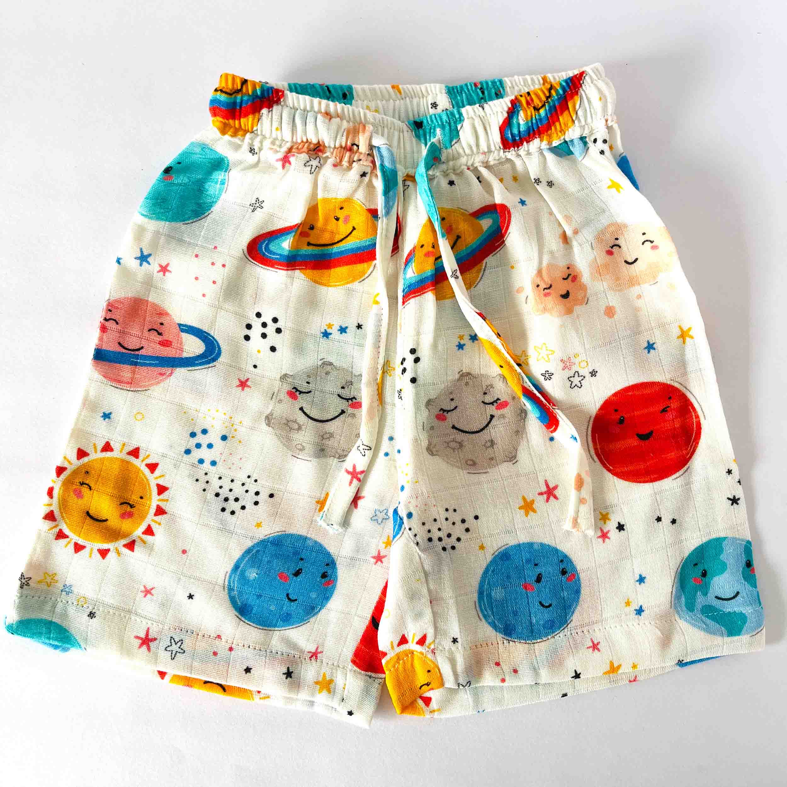 Kids muslin cotton shorts with planets print elastic waist summer wear