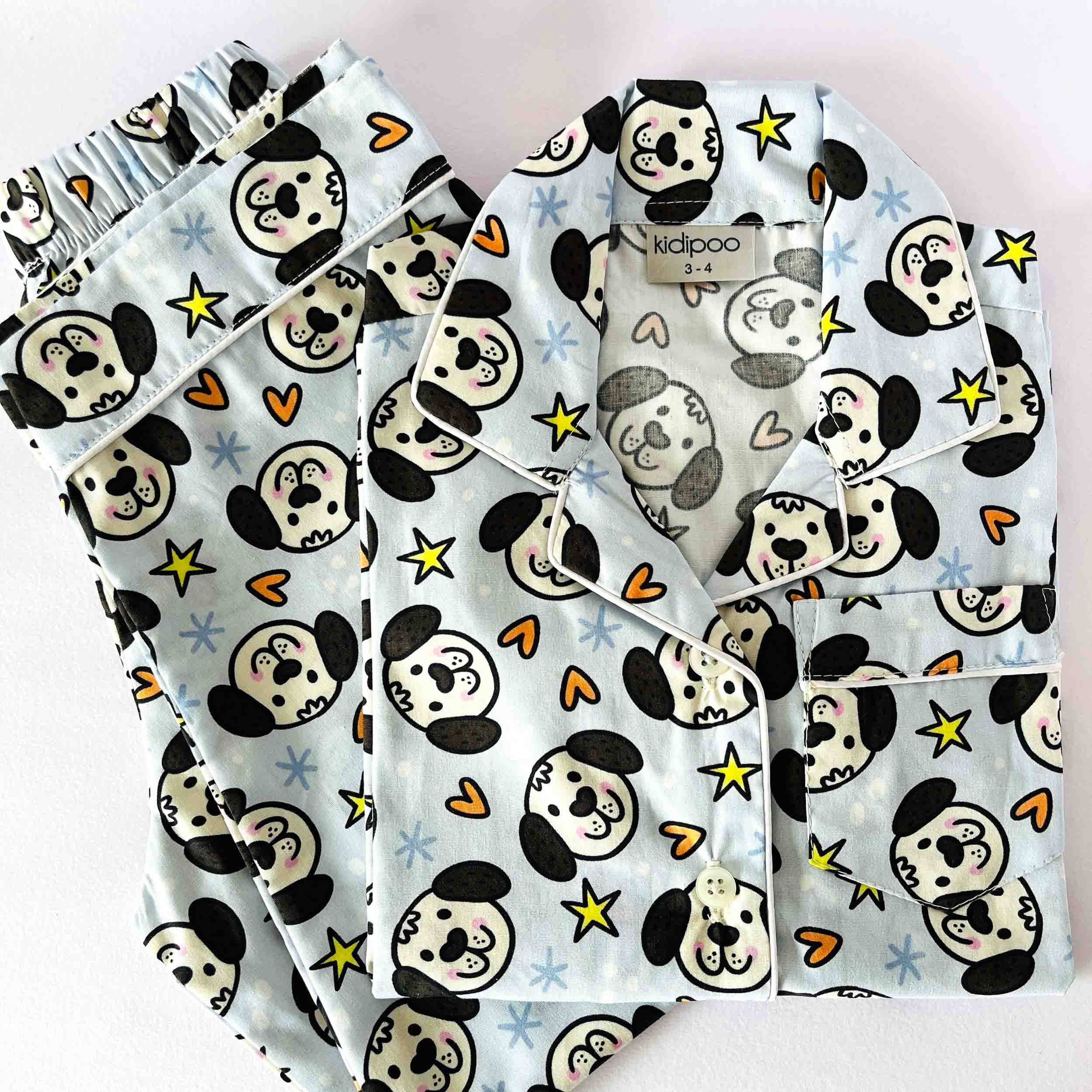 Cute Puppy Face Print Kids Long Sleeve Night Suit Soft Cotton Adorable Sleepwear Set