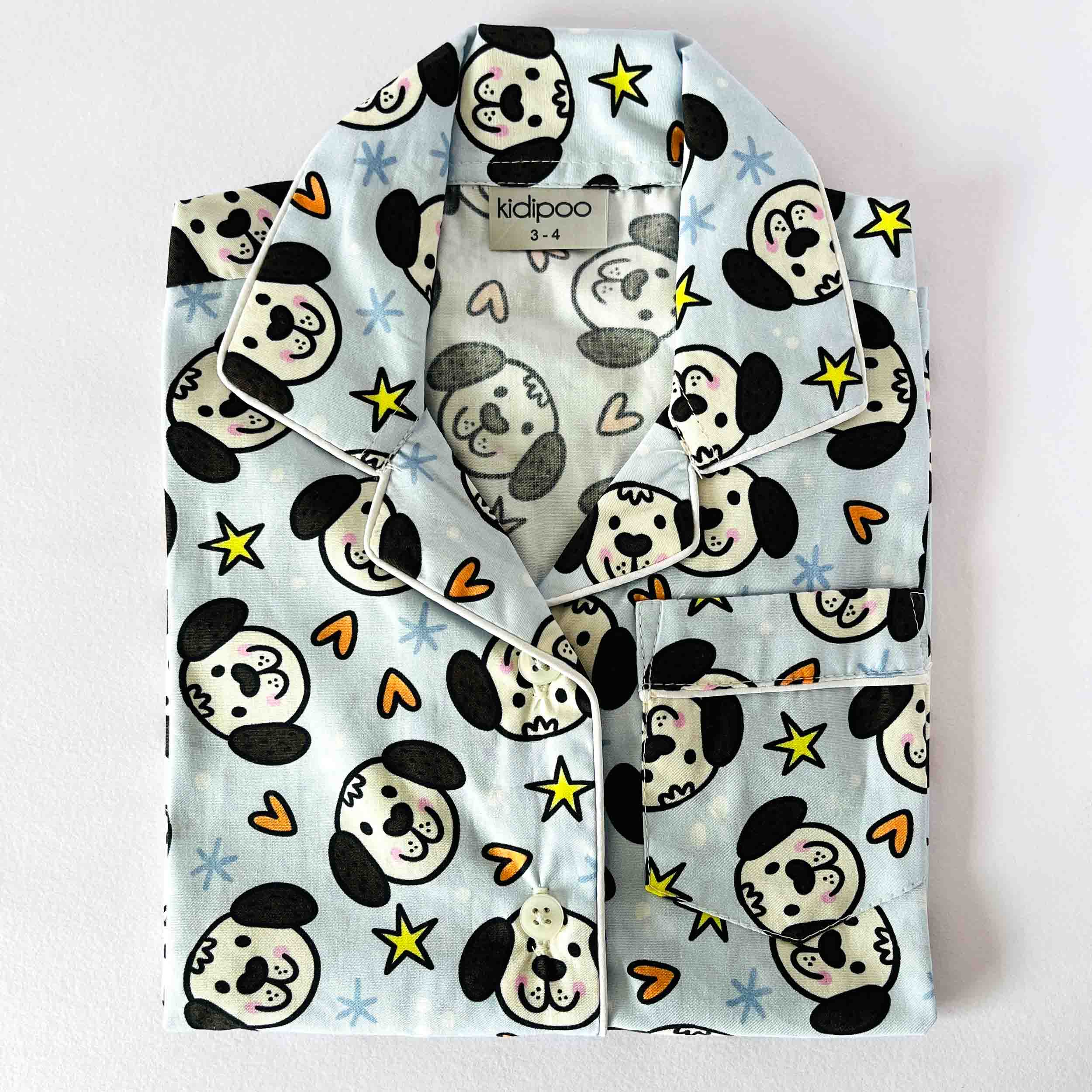 Kids puppy face print long sleeve cotton night suit shirt front view cute sleepwear top