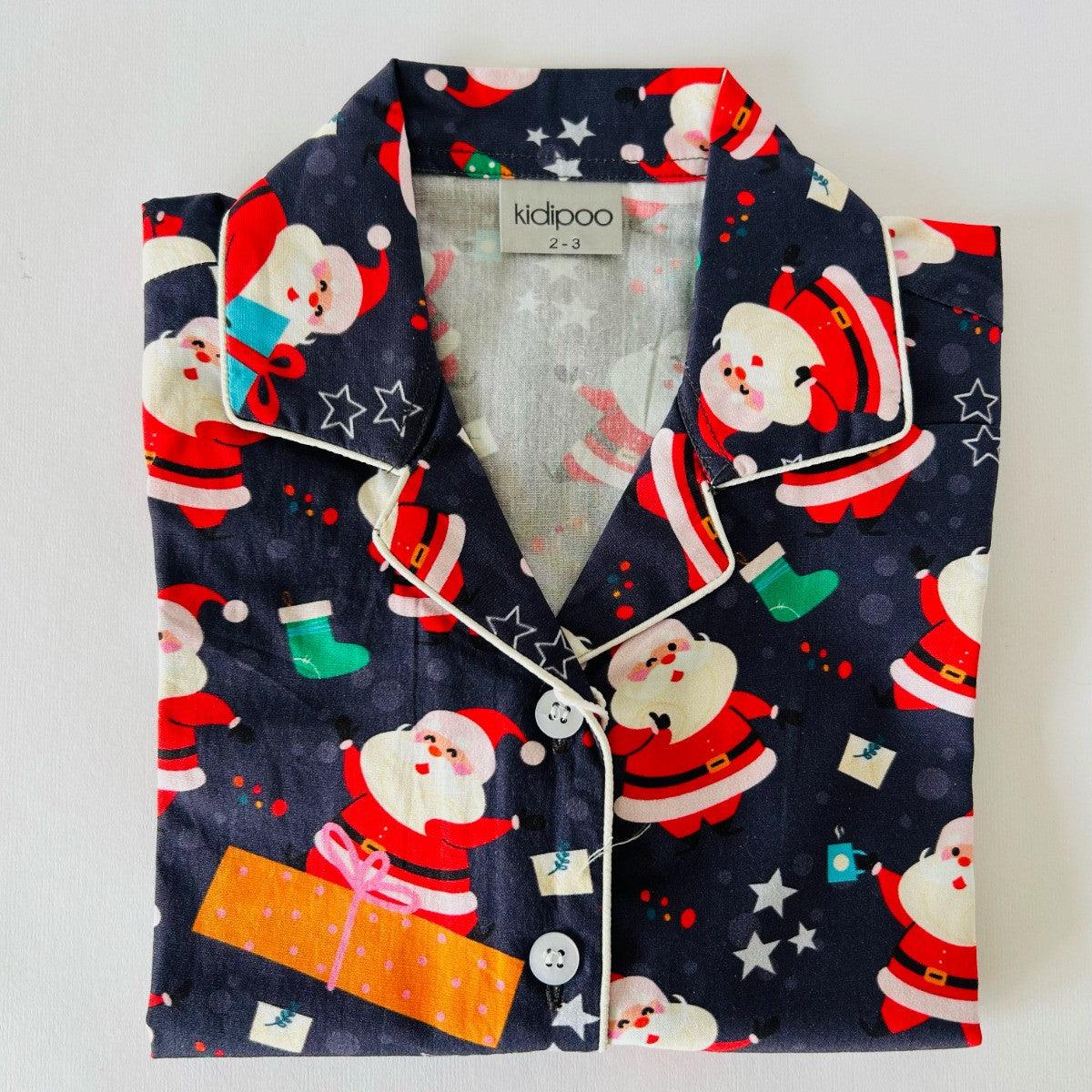 Kids navy blue Santa print cotton shirt and pant set with full sleeve front button shirt and elastic waist pants festive winter coord outfit for boys and girls
