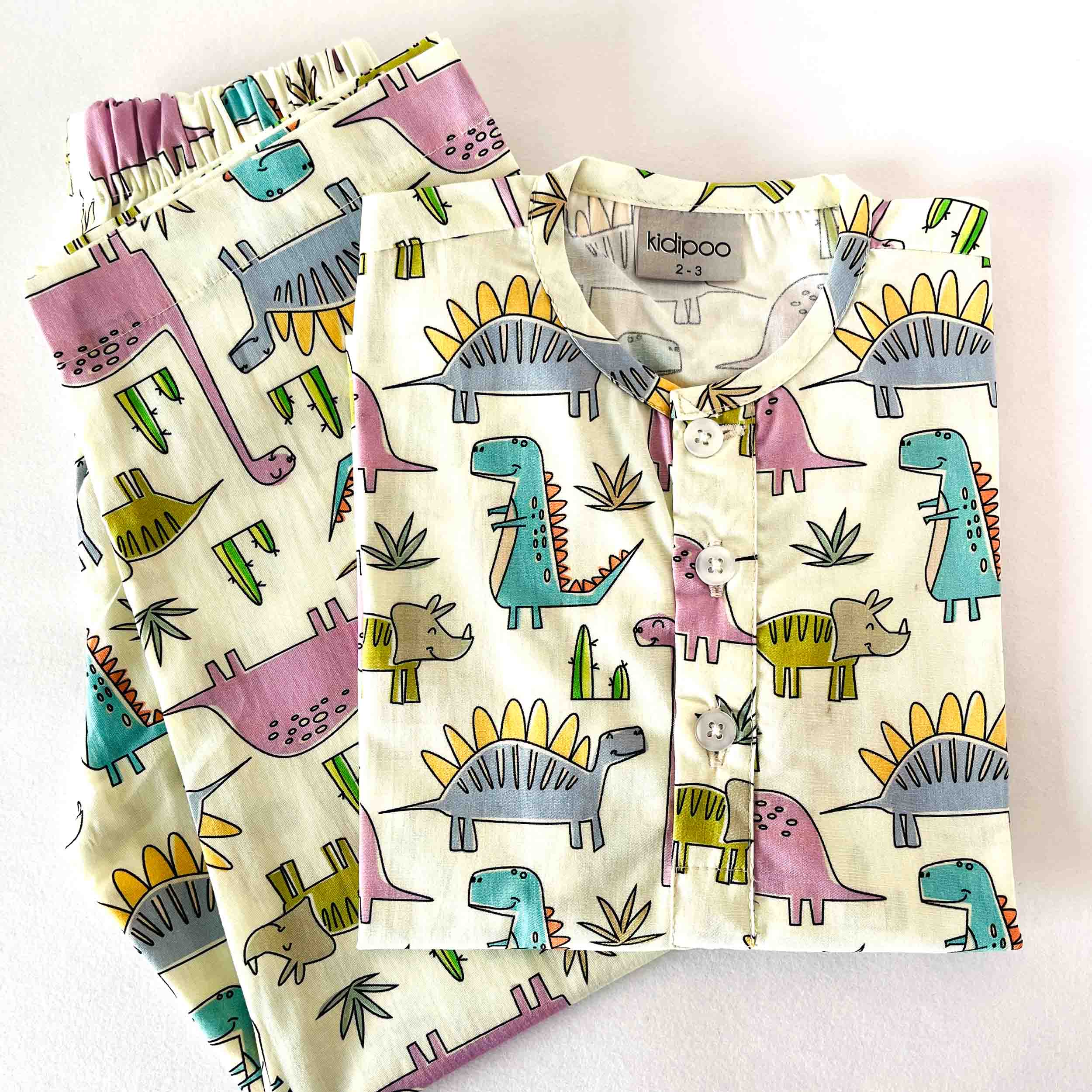 Kids dinosaur print cotton night suit with round neck long sleeve shirt and pajama set