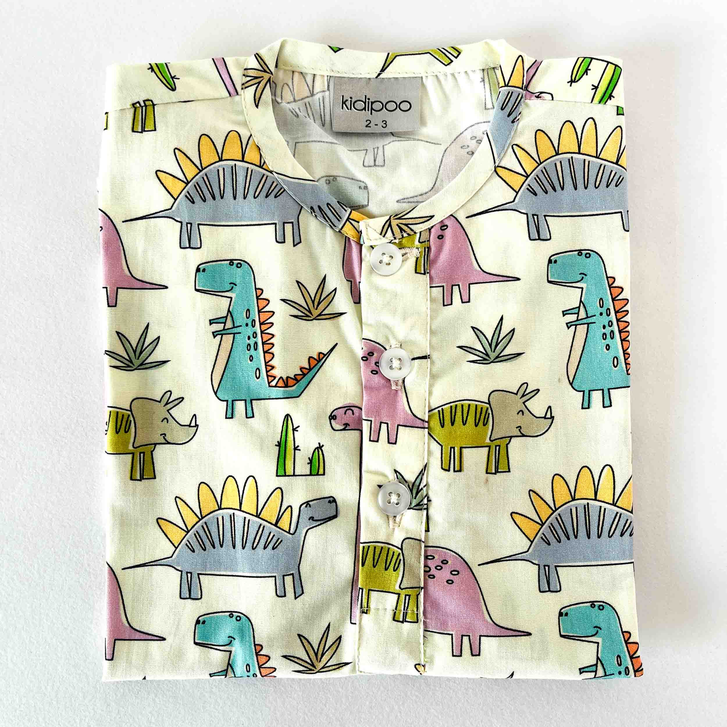 Kids cotton night shirt with dinosaur print and round neck long sleeve design