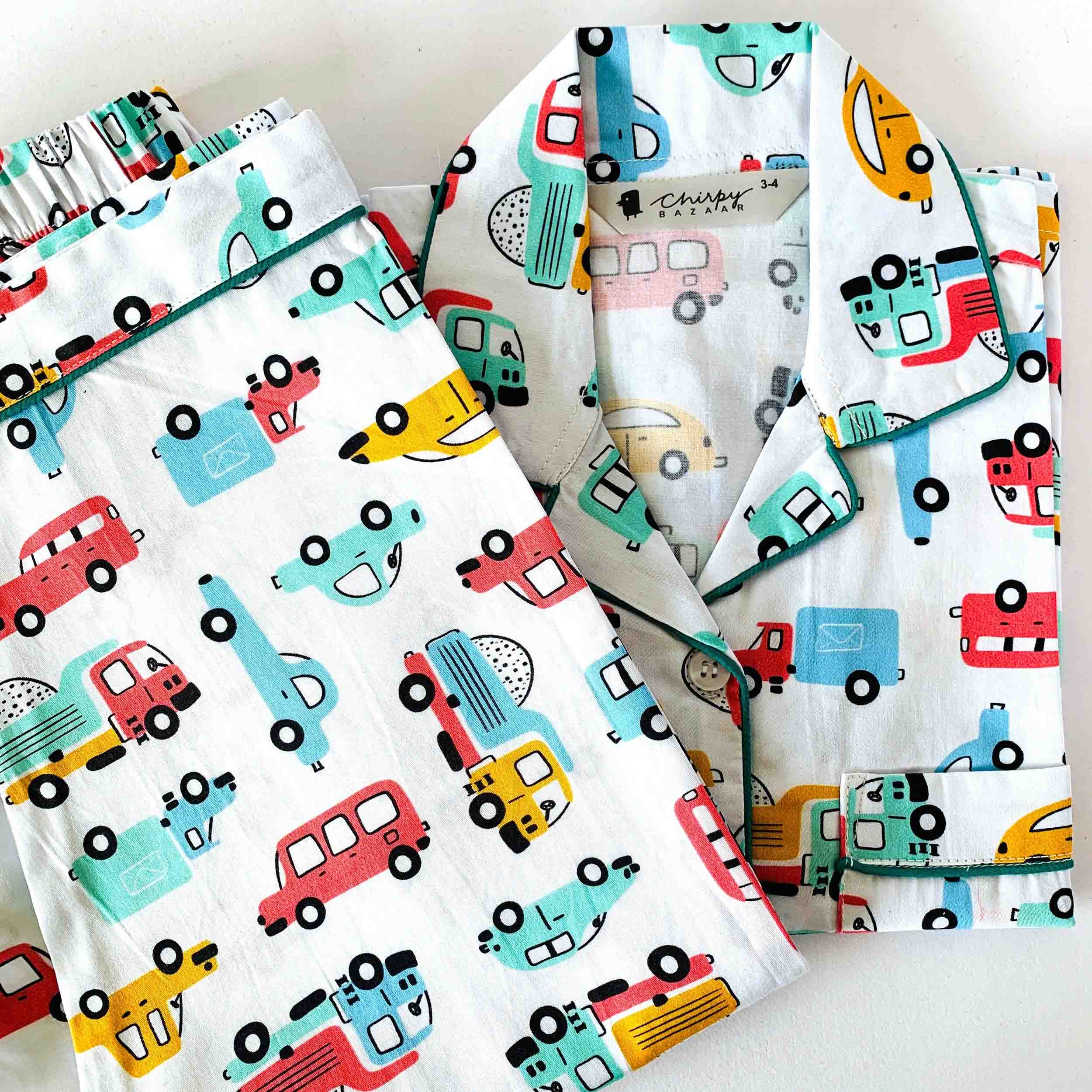 Kids white doodle toy cars cotton night suit with full sleeve shirt and matching pajama soft breathable summer sleepwear set for boys and girls