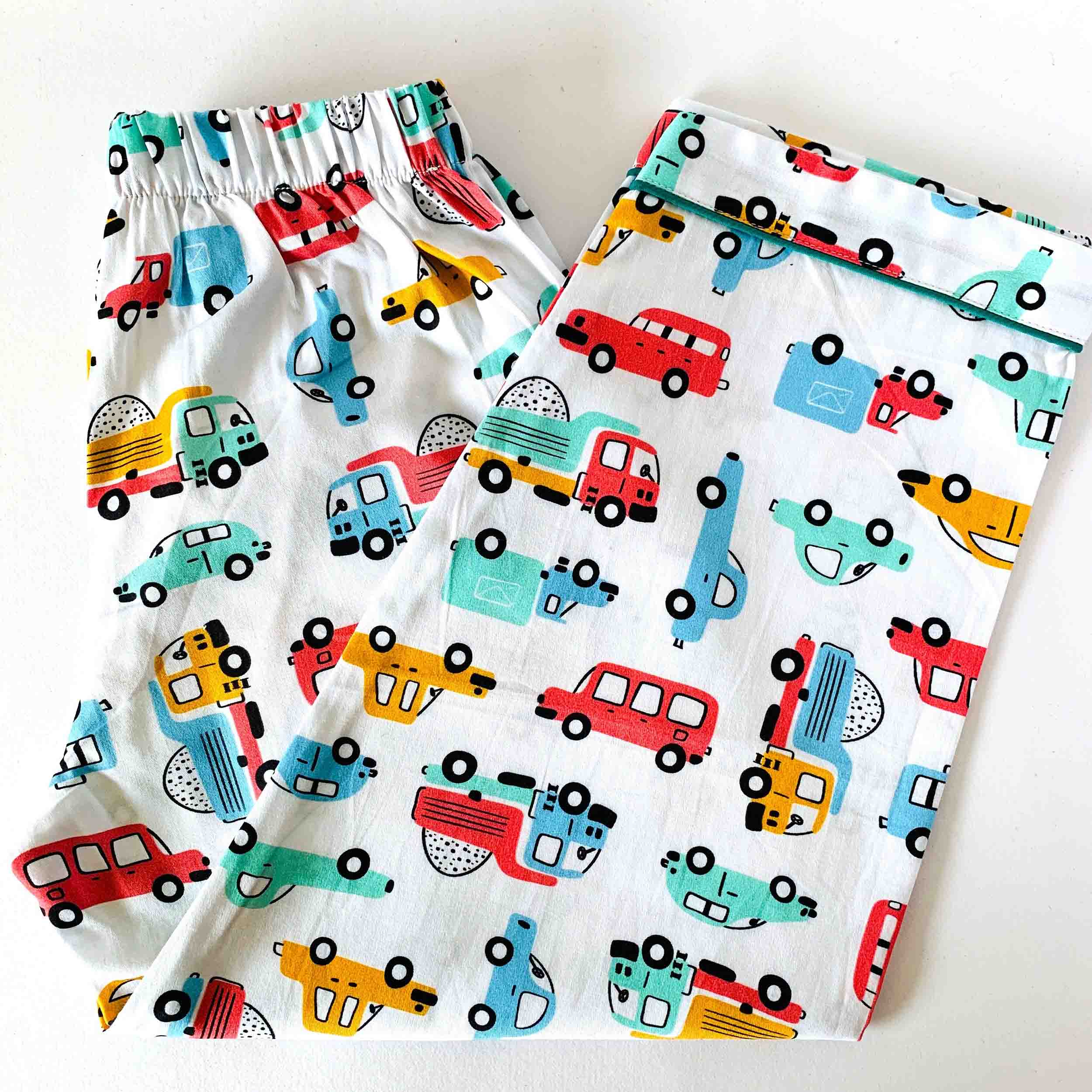 Kids white doodle toy cars cotton full length pajama elastic waist soft breathable summer nightwear bottom for boys and girls