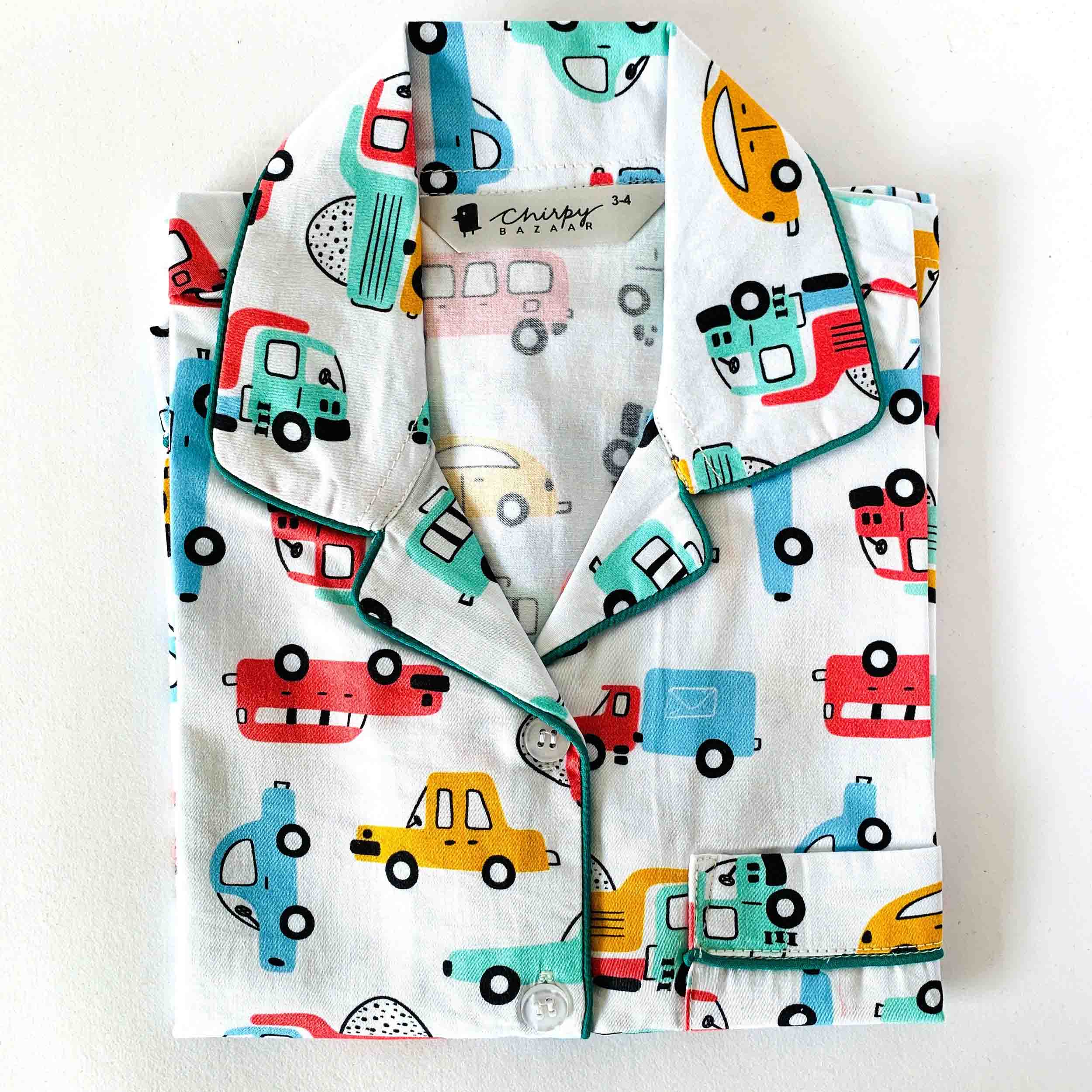 Kids white doodle toy cars cotton full sleeve shirt soft breathable summer nightwear top for boys and girls