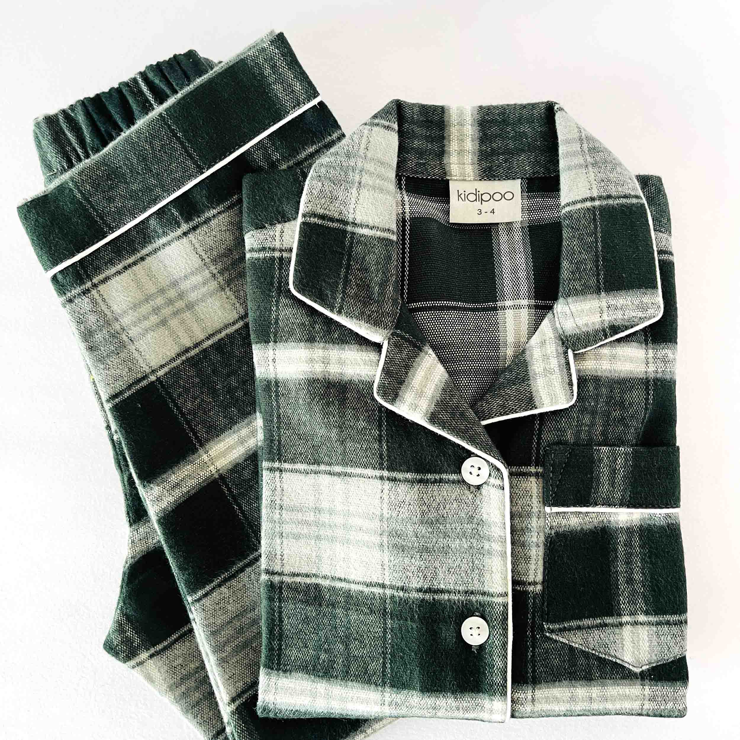 Kidipoo kids emerald green checks flannel night suit set with front button shirt and pajama soft warm sleepwear