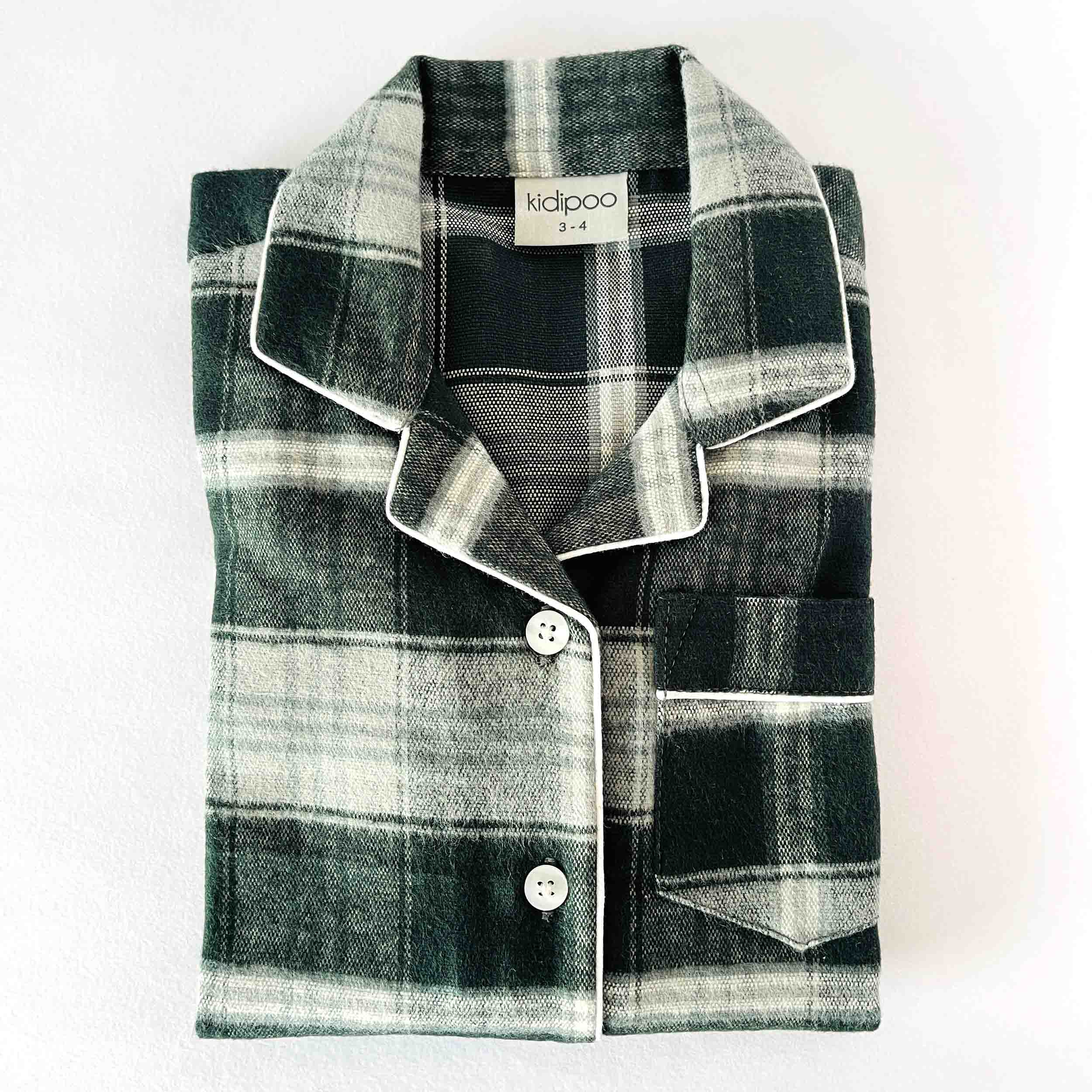 Kidipoo kids emerald green checkered flannel night suit shirt front button warm sleepwear top